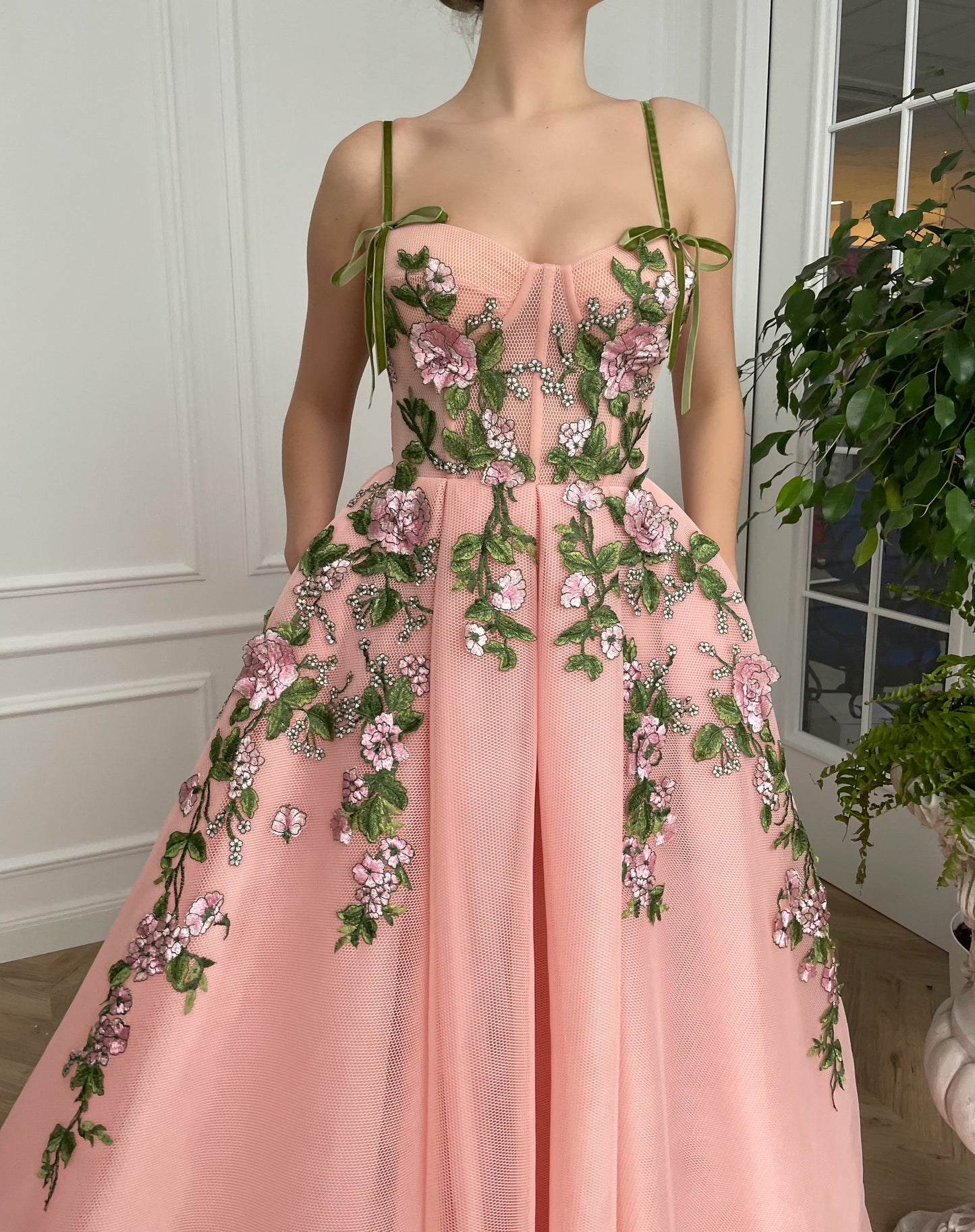 Pink A-Line dress with spaghetti straps and embroidery