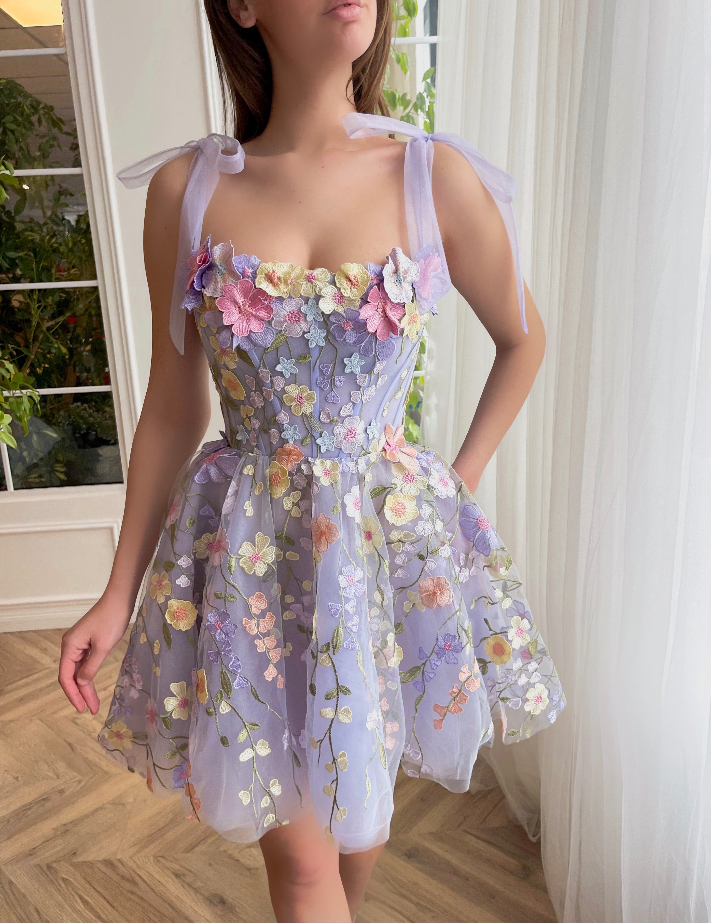 Purple mini dress with spaghetti straps and embroidered flowers