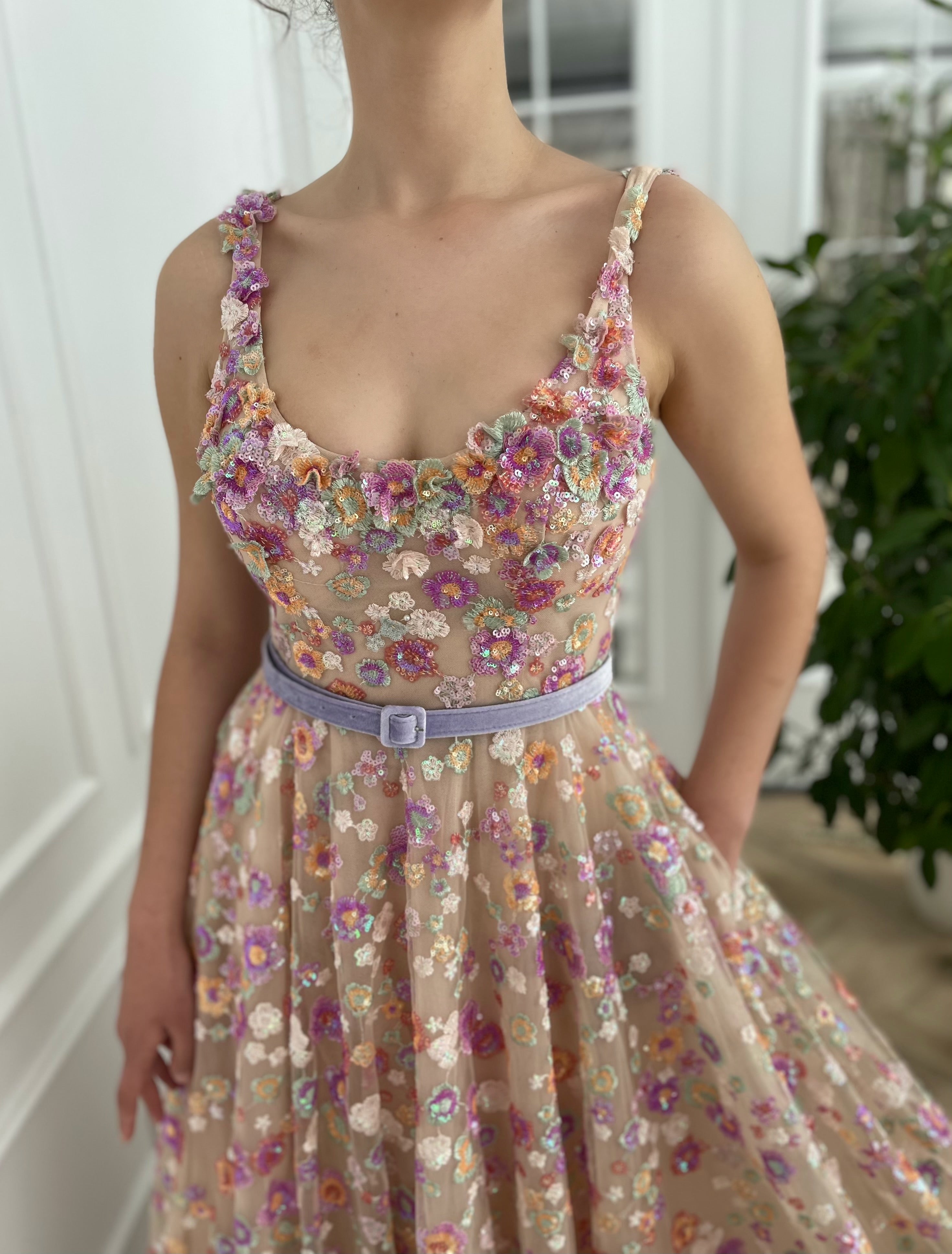 Pink A-Line dress with straps, belt and embroidery