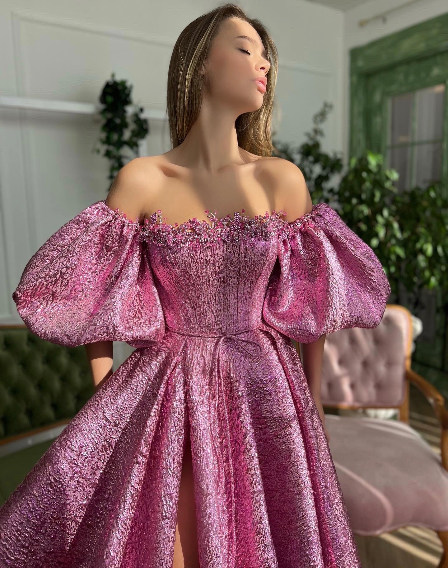 Pink A-Line dress with off the shoulder sleeves, embroidery and taffeta brocade fabric