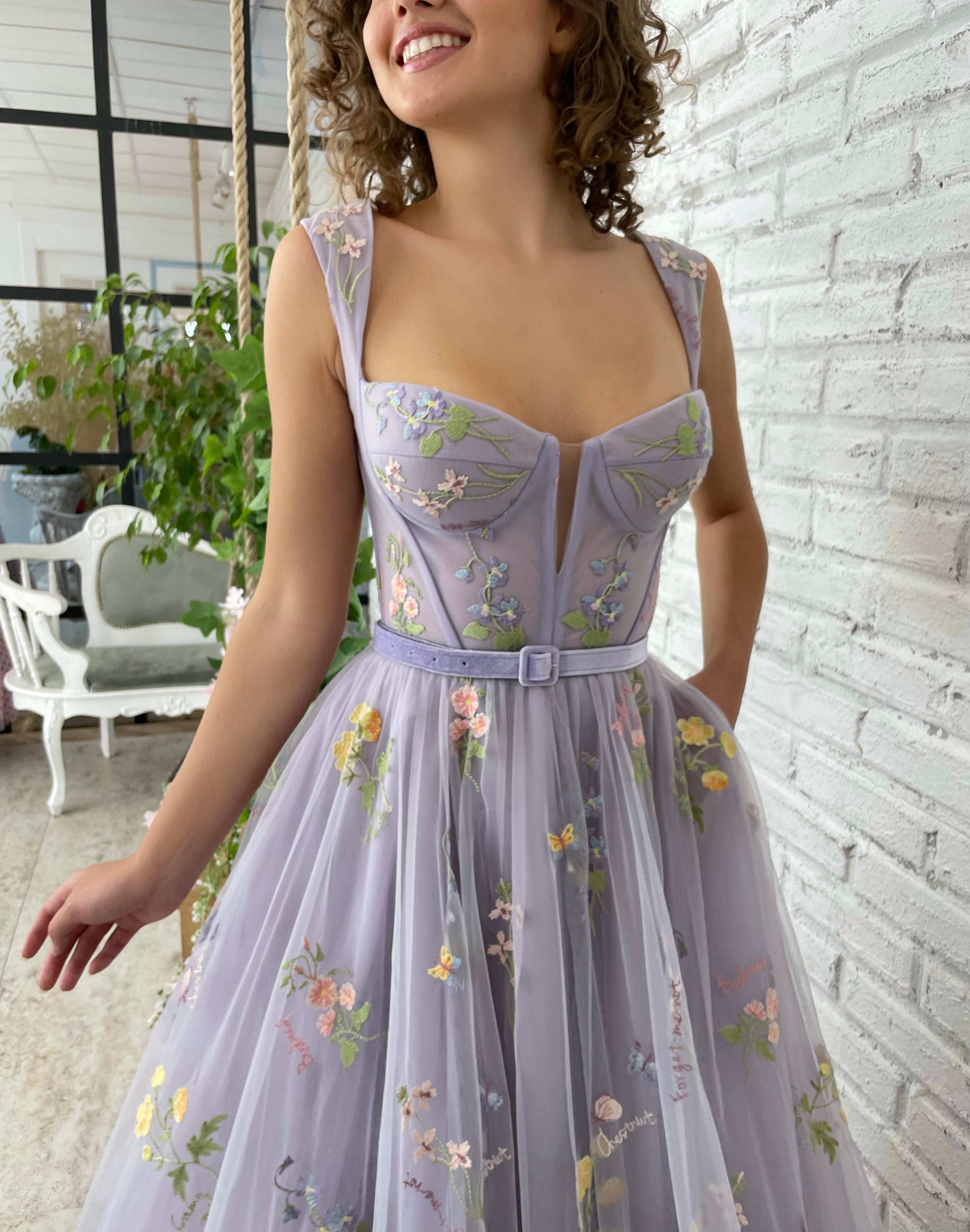 Purple midi dress with belt, flowers and straps