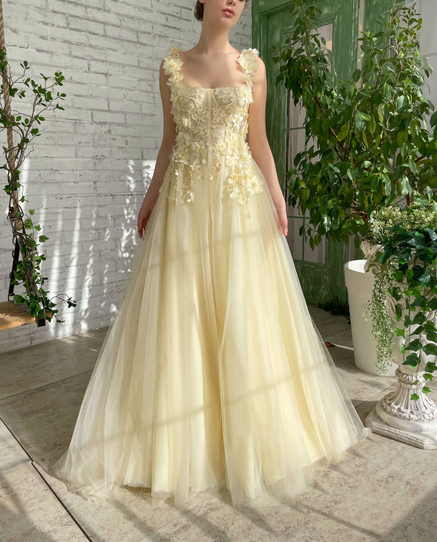 Yellow A-Line dress with straps, embroidery and flowers