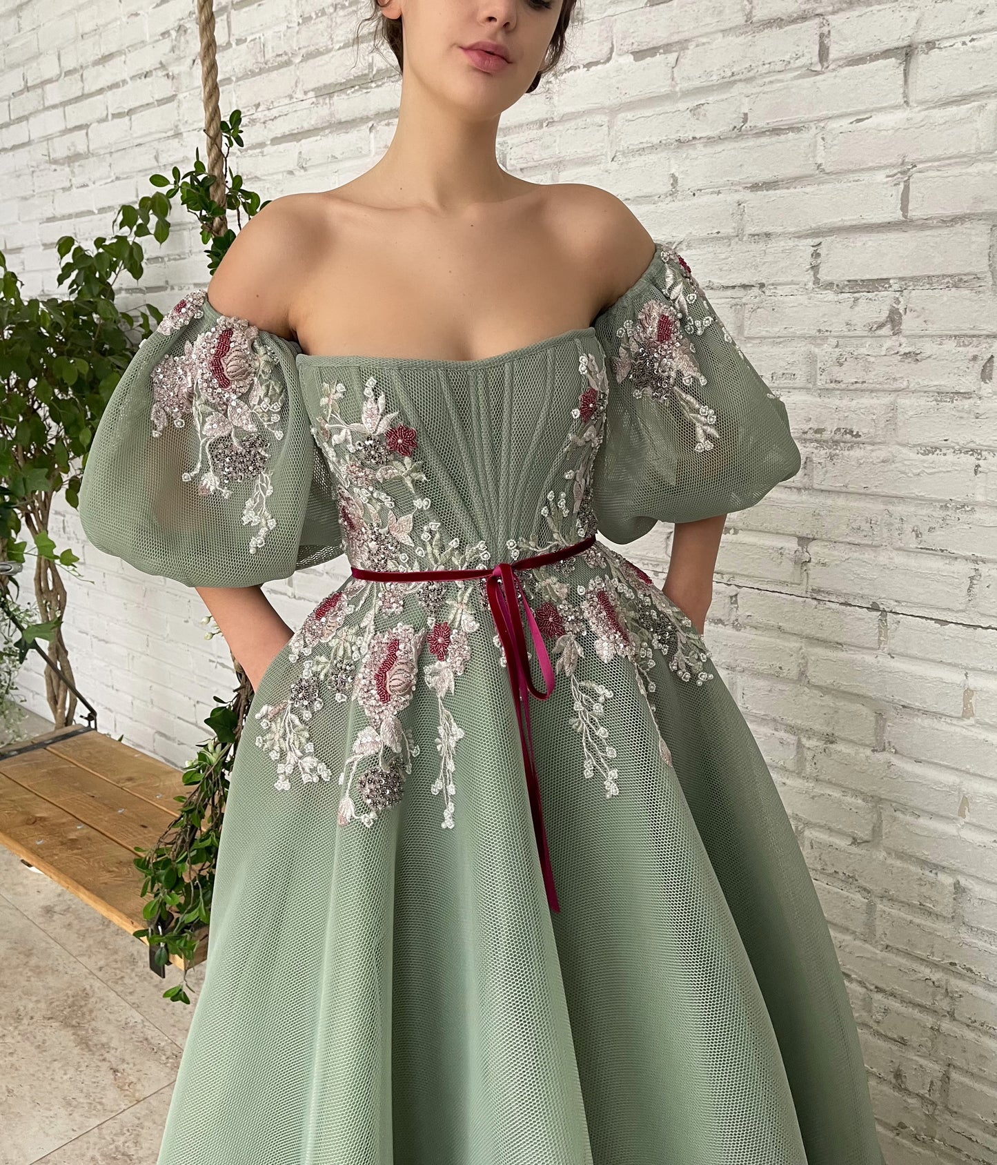 Green A-Line dress with off the shoulder sleeves and embroidery