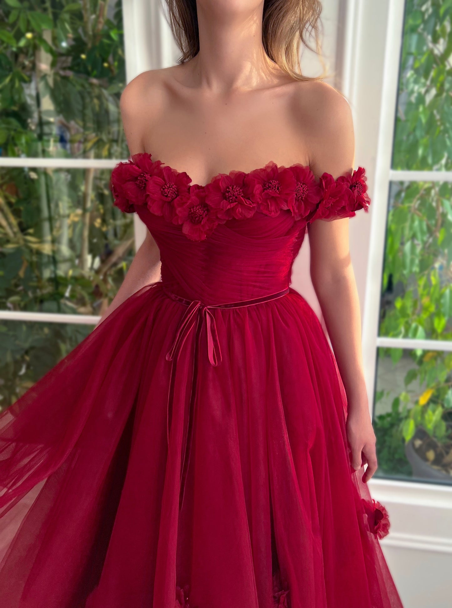 Red midi dress with embroidery, flowers and off the shoulder sleeves