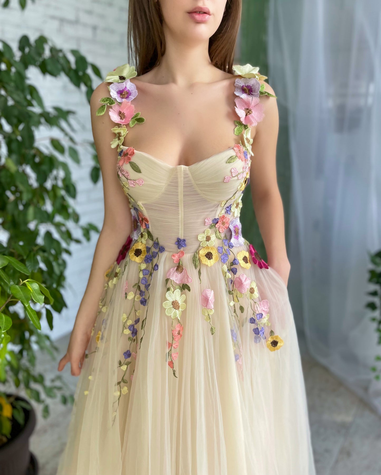 Beige midi dress with spaghetti straps, embroidery and flowers