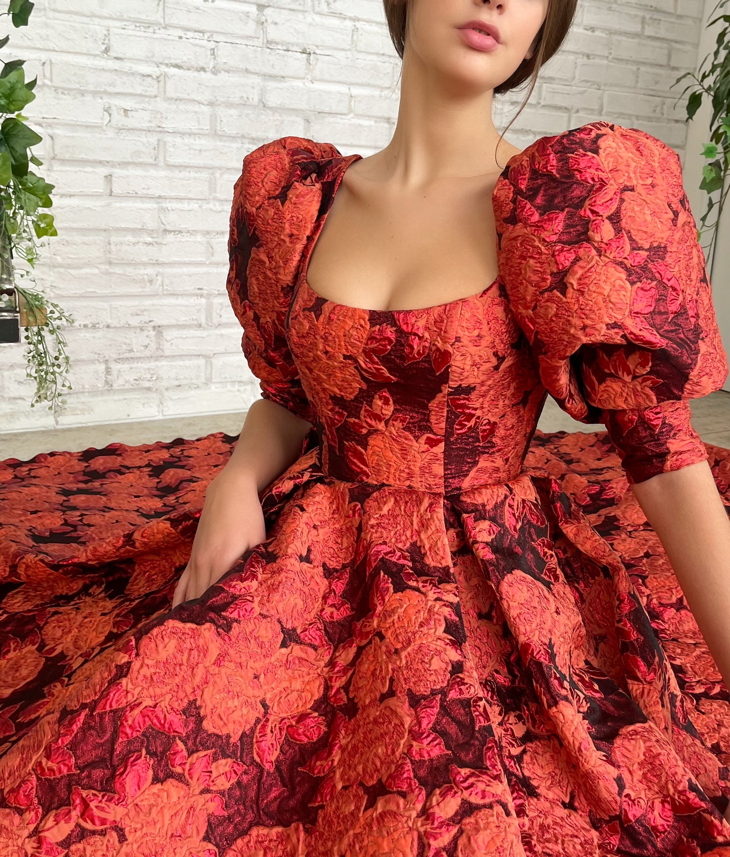 Red A-Line dress with short puff sleeves