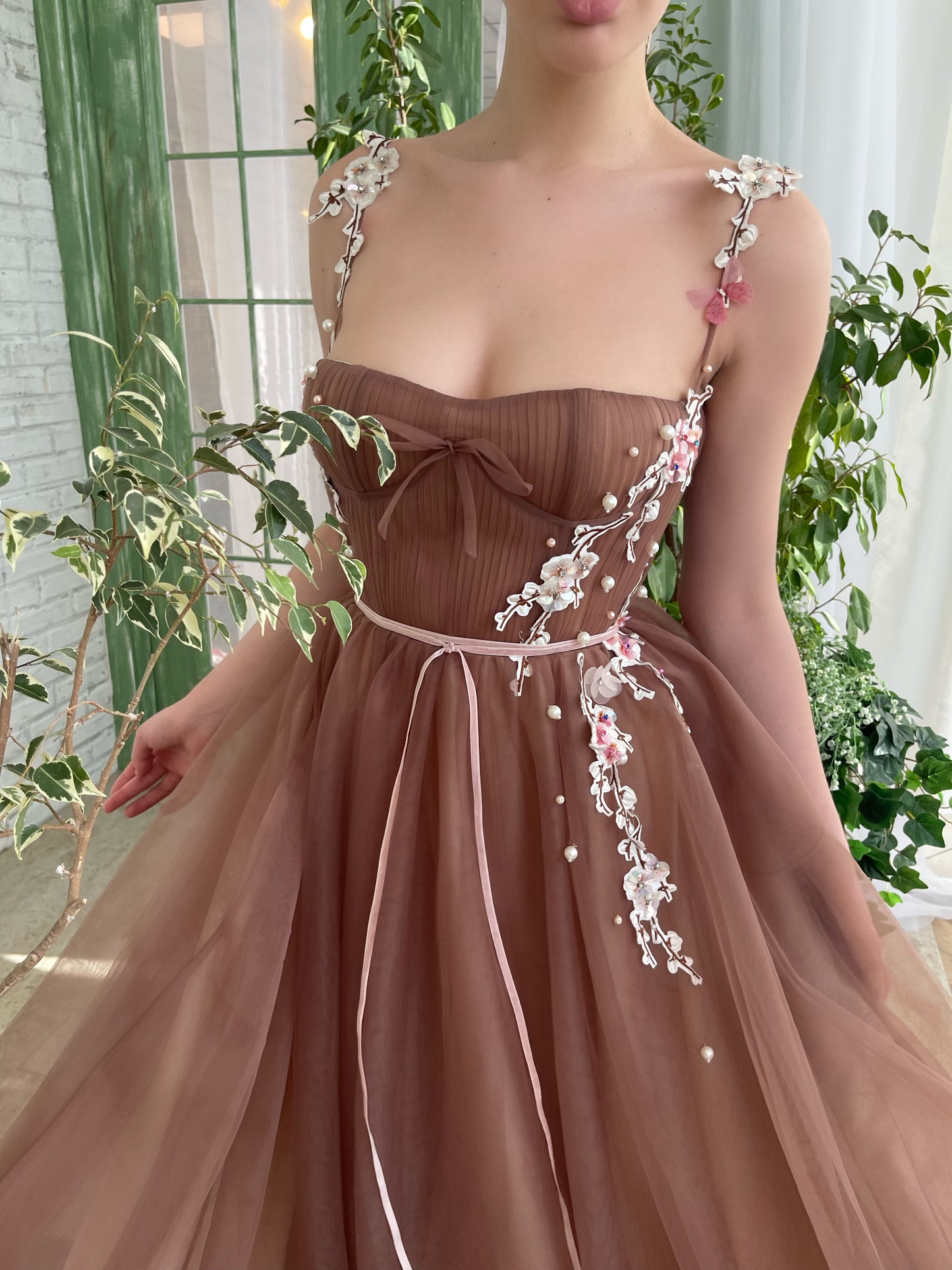 Brown A-Line dress with spaghetti straps and embroidery