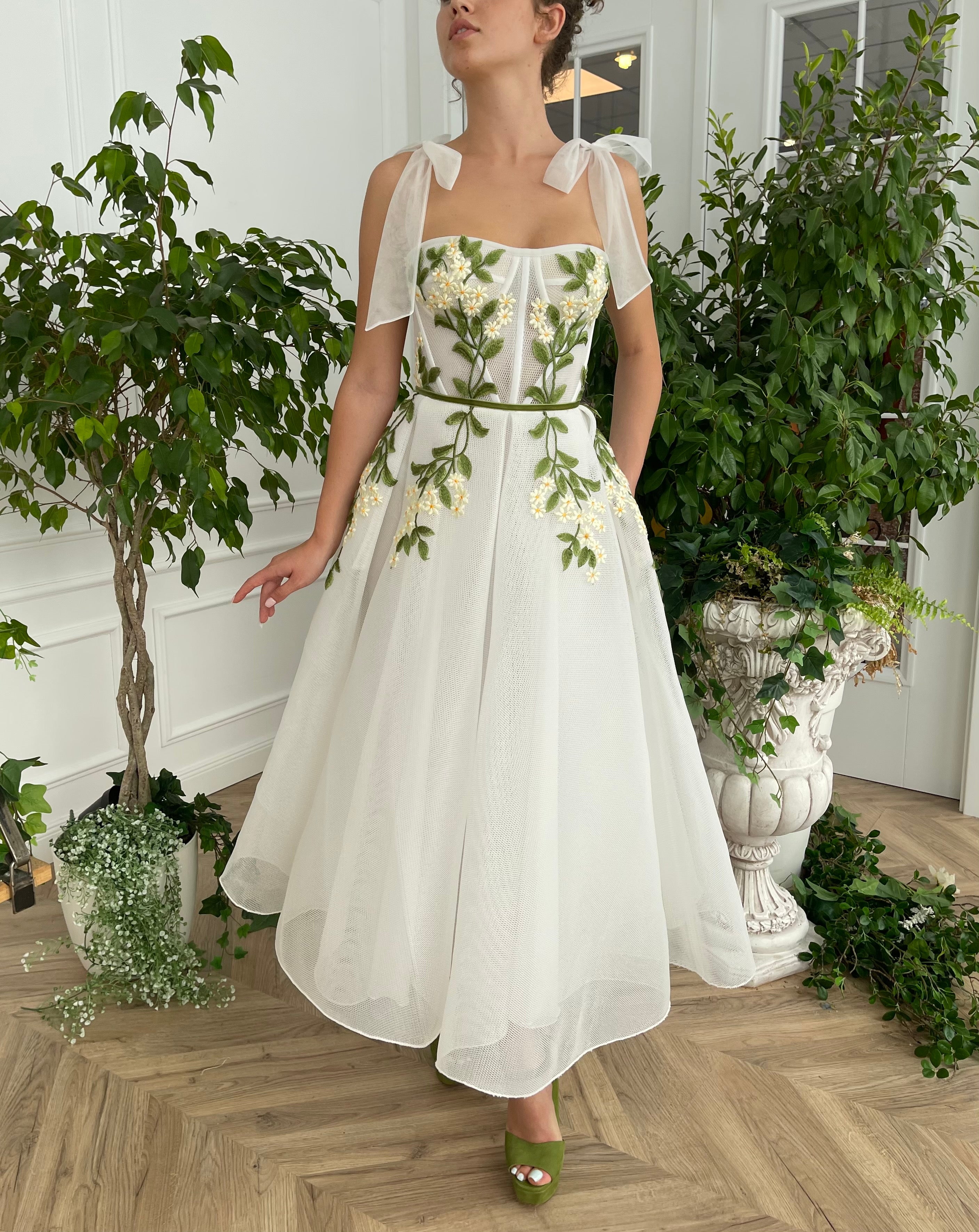 Midi white bridal dress with embroidered flowers and straps