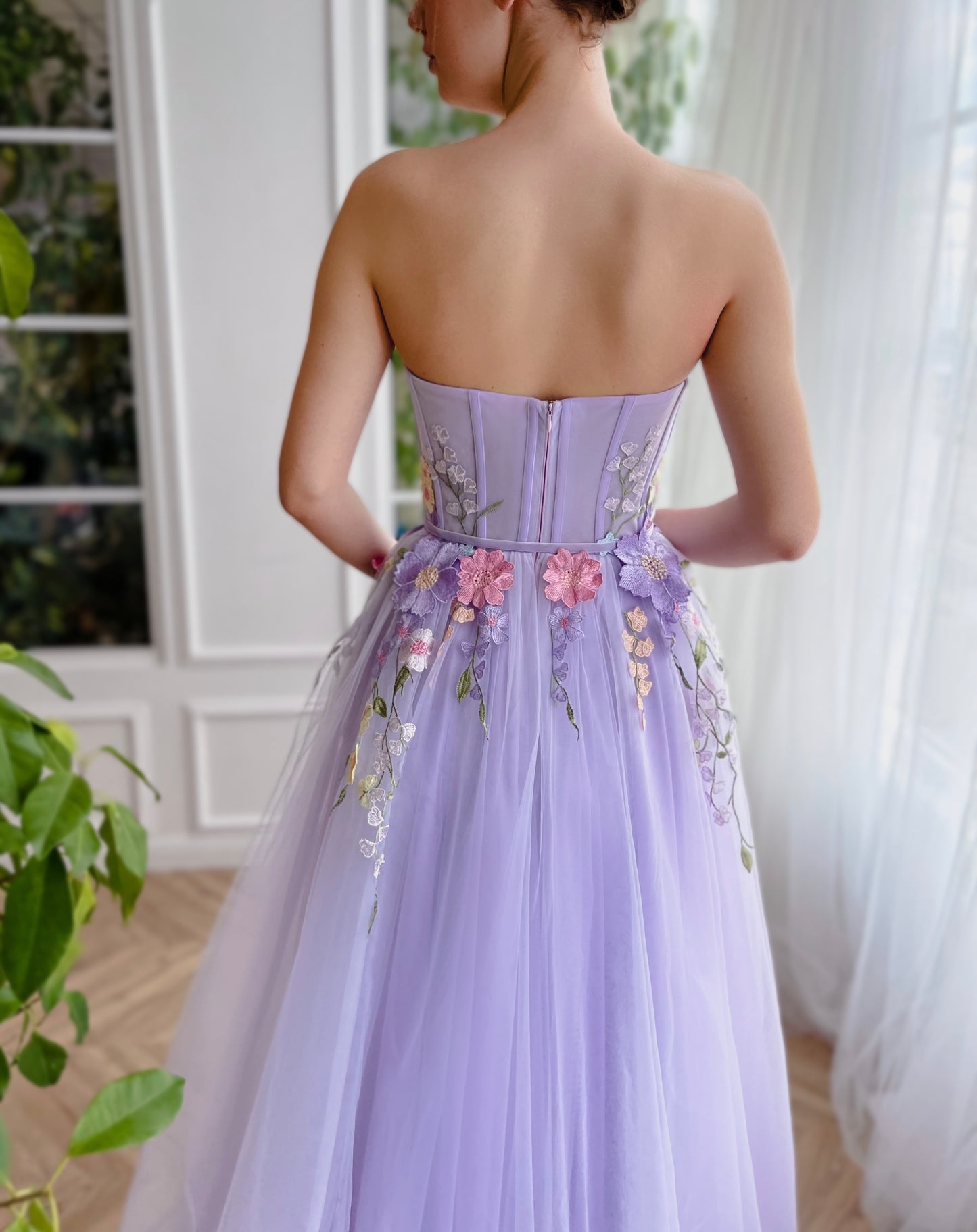 Purple A-Line dress with no sleeves and embroidery