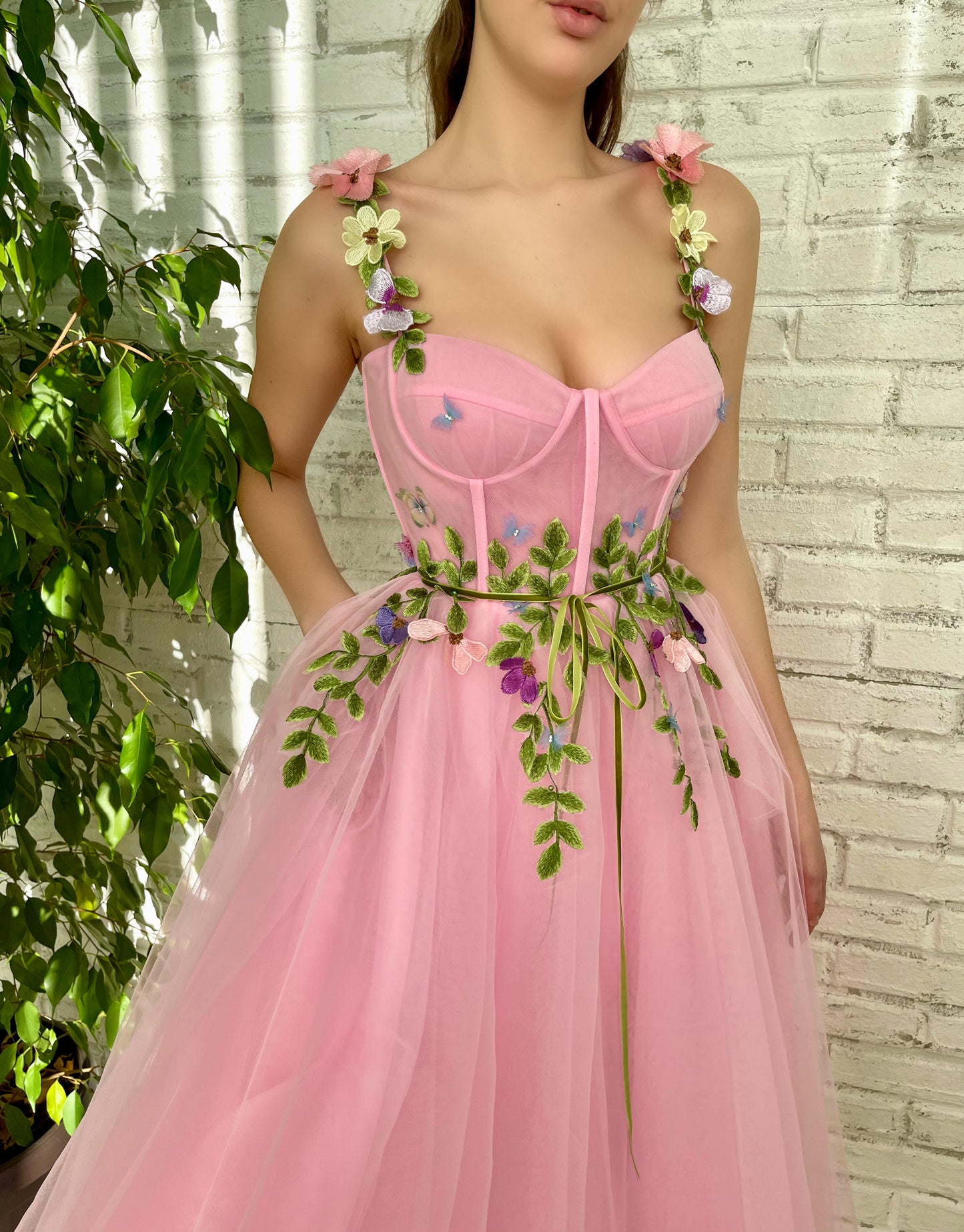 Pink midi dress with spaghetti straps and embroidery