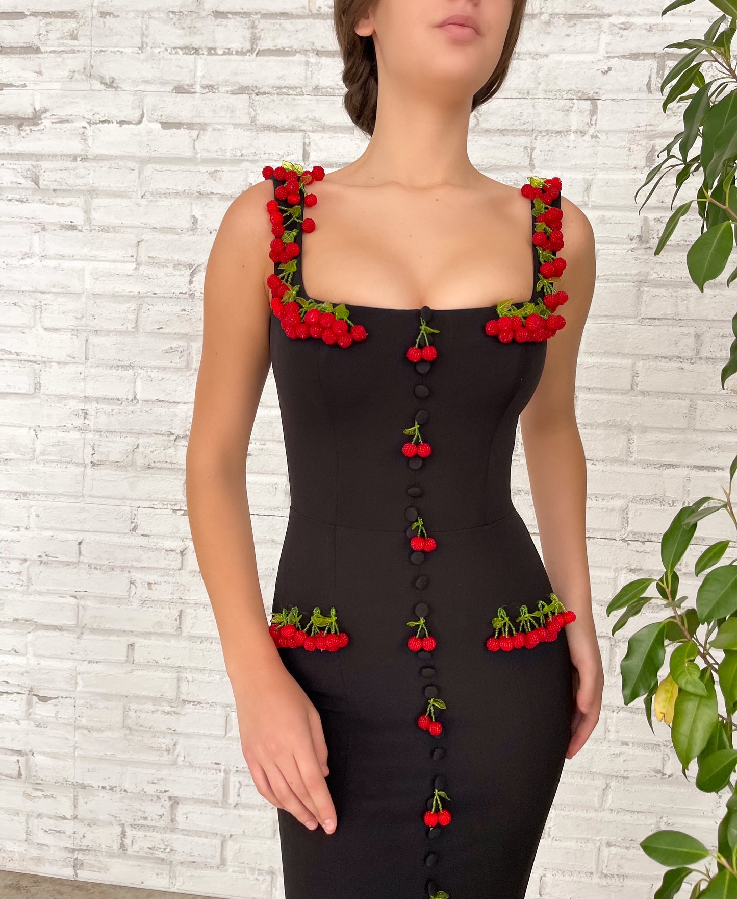 Black mermaid dress with straps and embroidered cherries