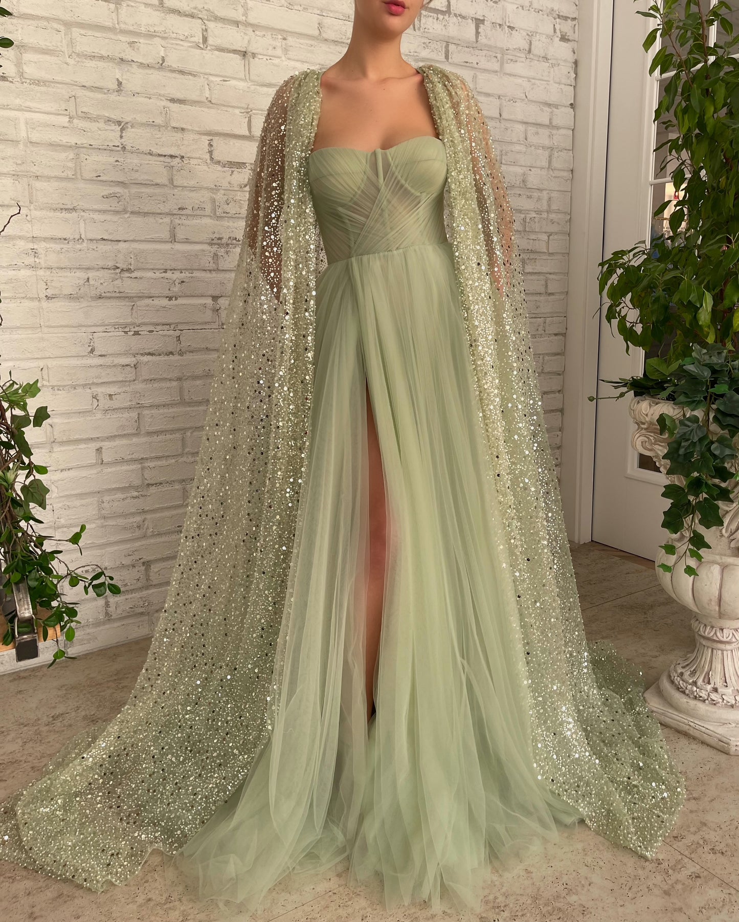 Green A-Line dress with cape sleeves