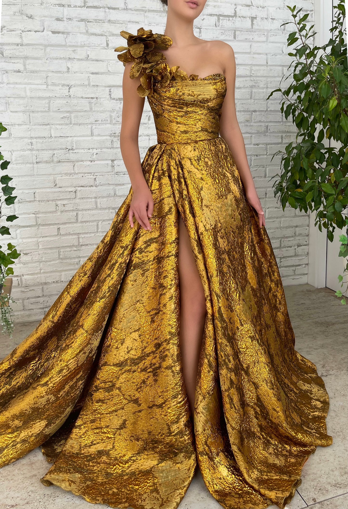 Gold A-Line dress with one shoulder sleeve and embroidery