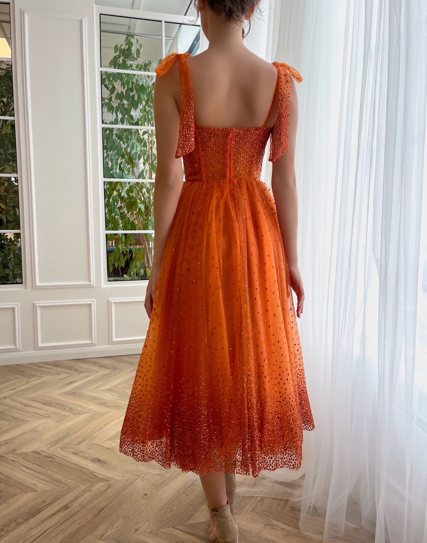 Orange midi dress with bow straps