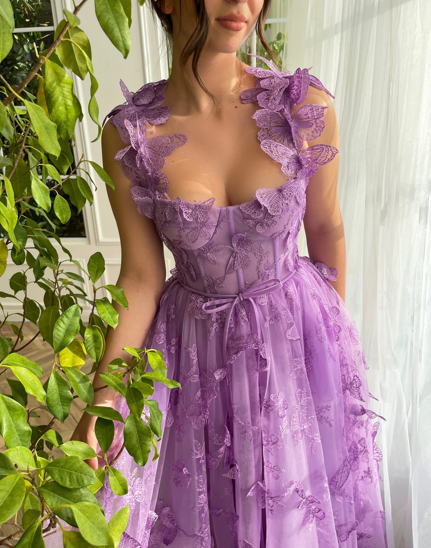 Purple midi dress with straps and embroidered butterflies