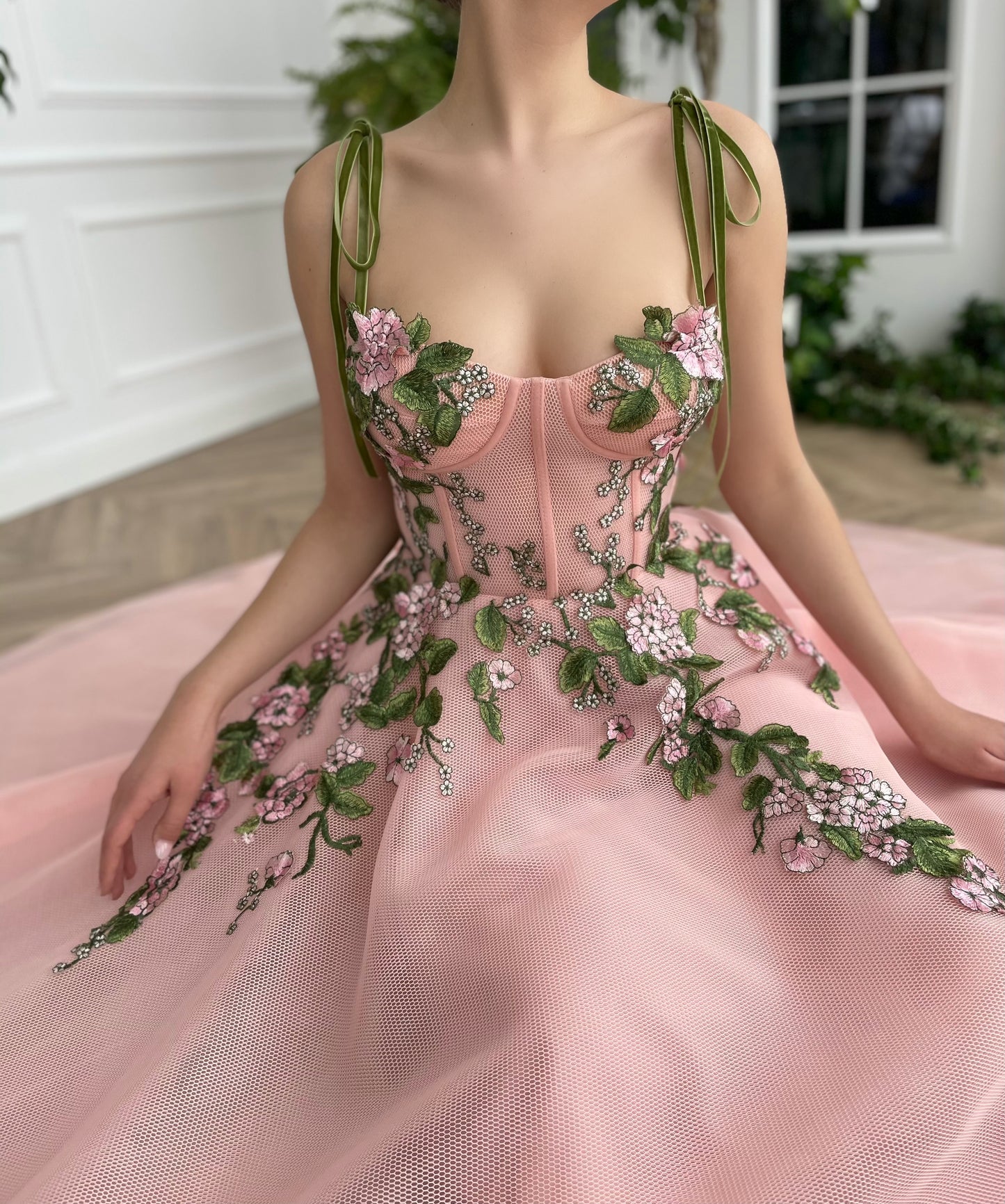 Pink midi dress with embroidery and spaghetti straps