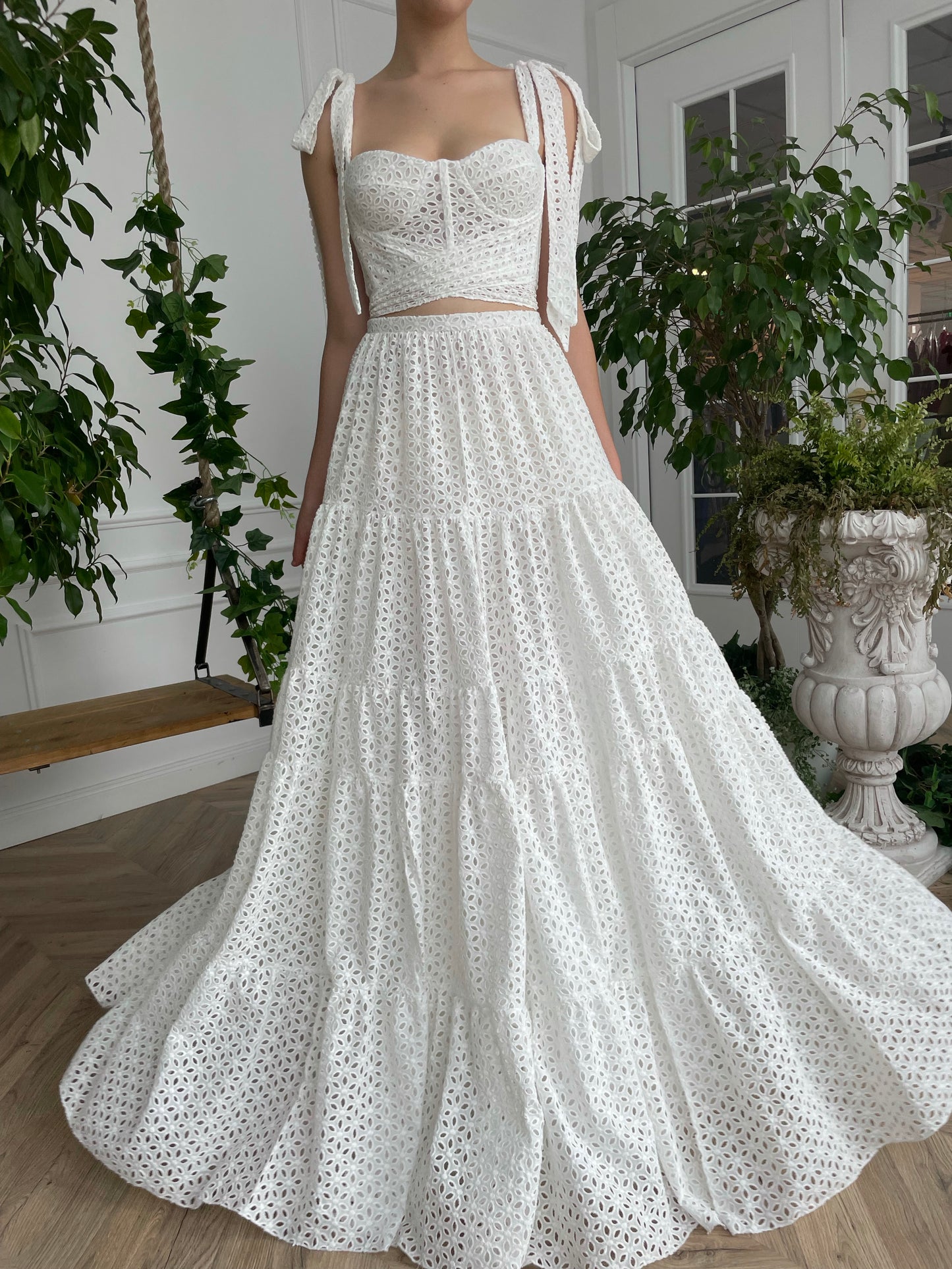 Two piece A Line white bridal dress with straps