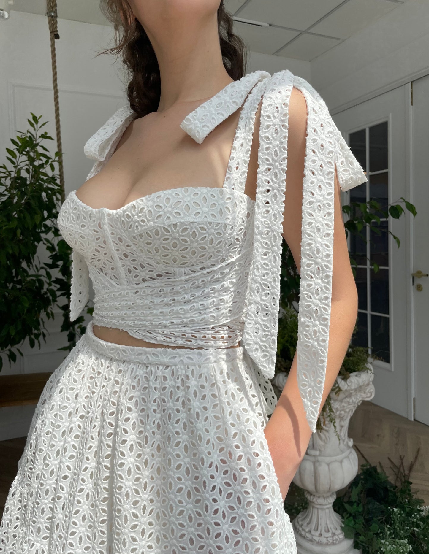 Two piece A Line white bridal dress with straps