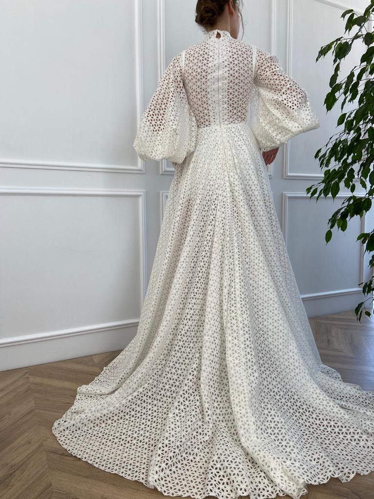 A Line white bridal dress with long sleeves