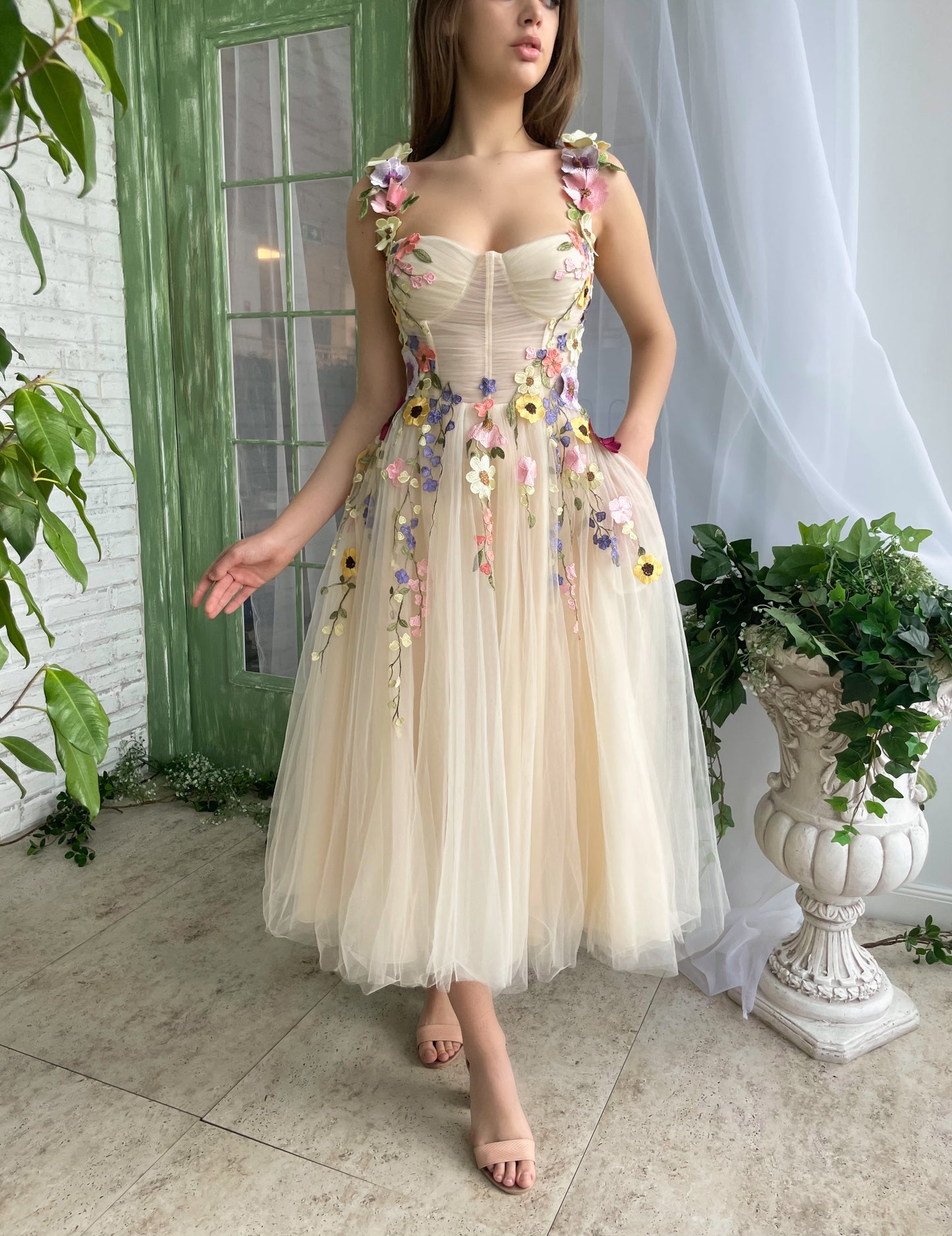 Beige midi dress with spaghetti straps, embroidery and flowers
