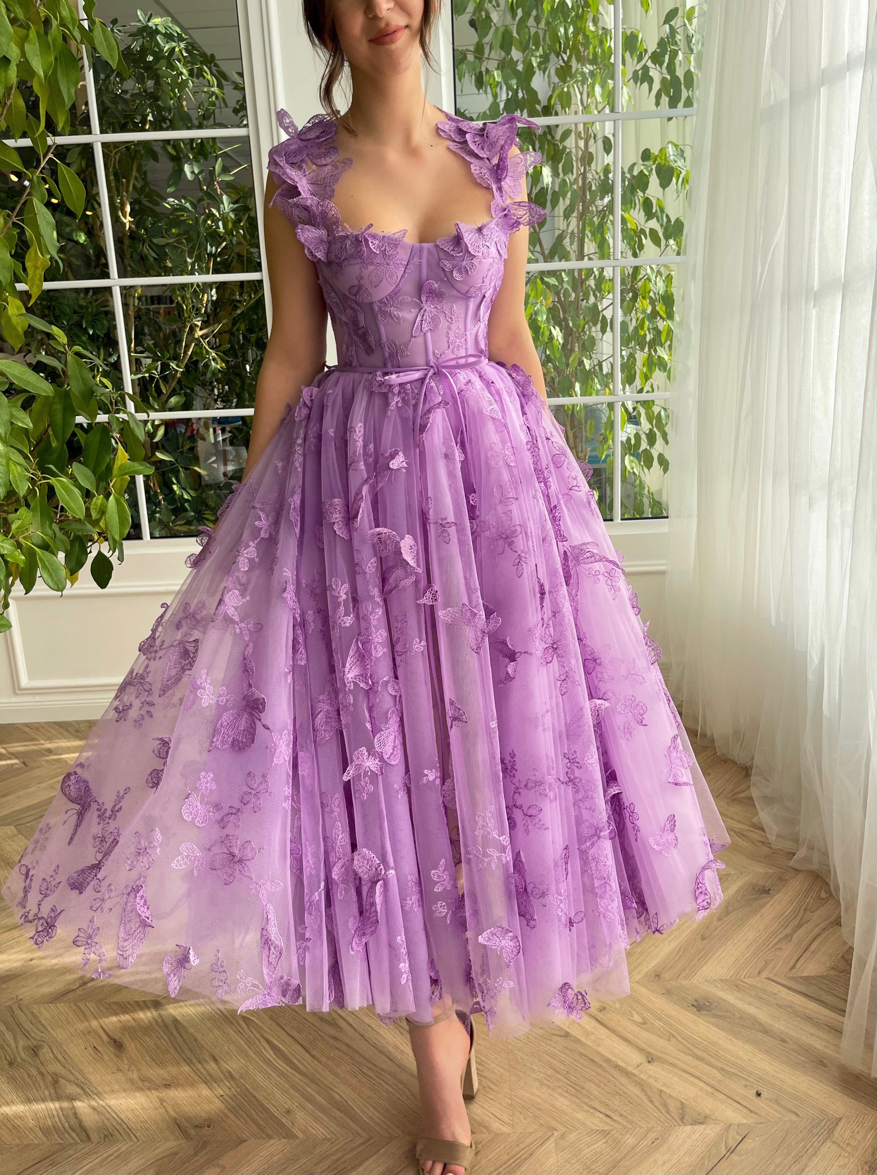 Purple midi dress with straps and embroidered butterflies