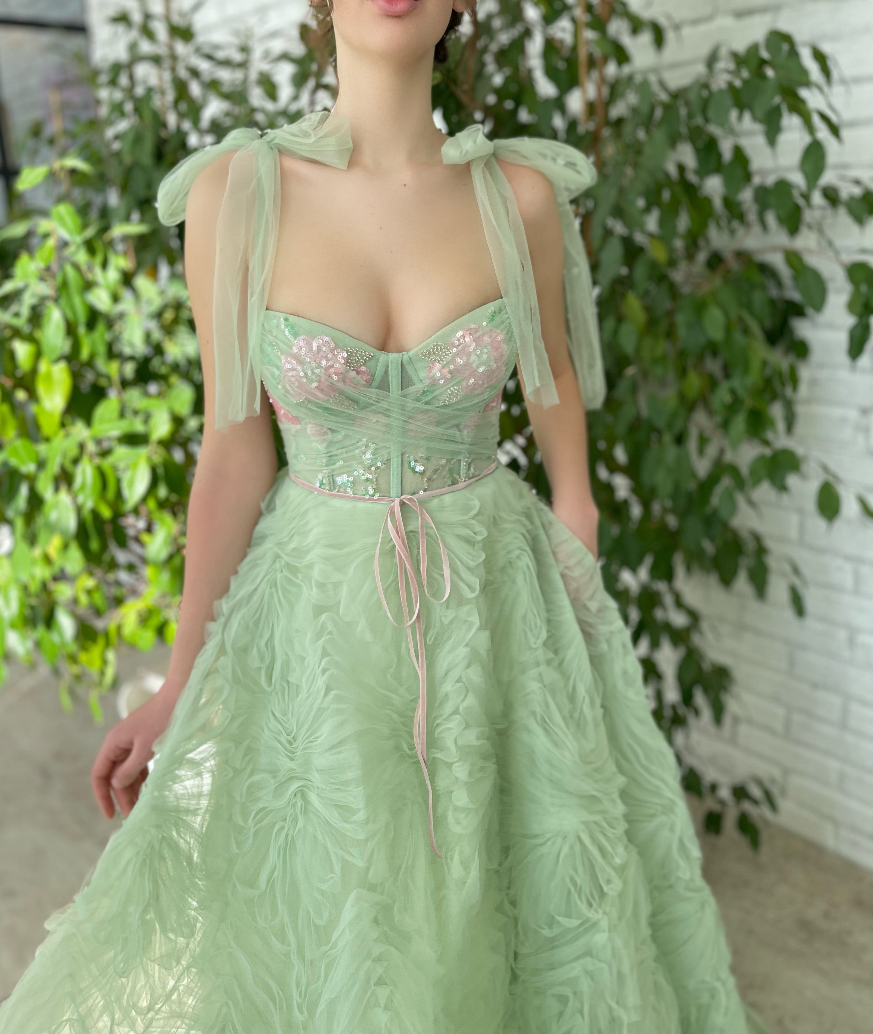 Green A-Line dress with bow straps and embroidery