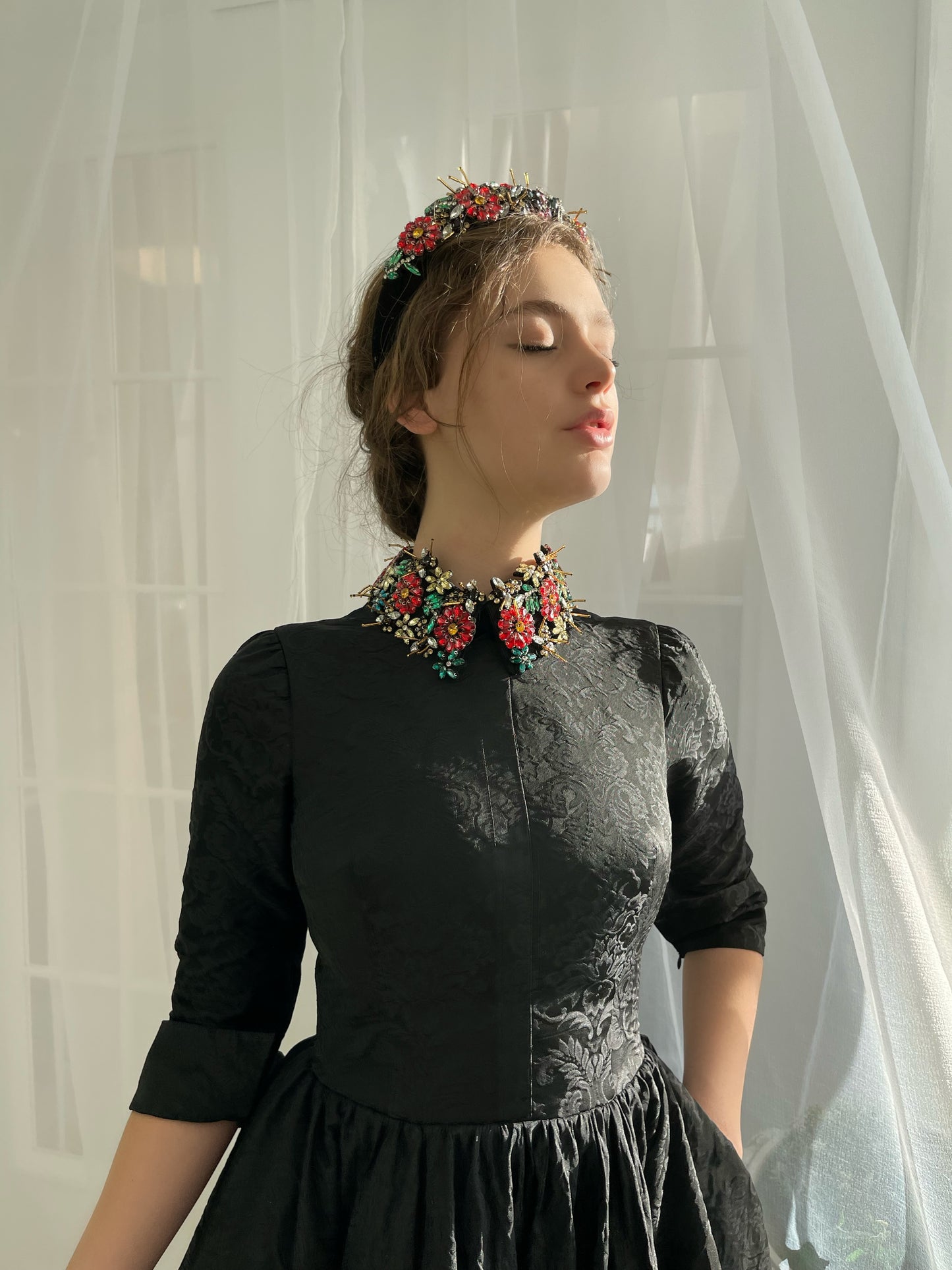 Black midi dress with short sleeves