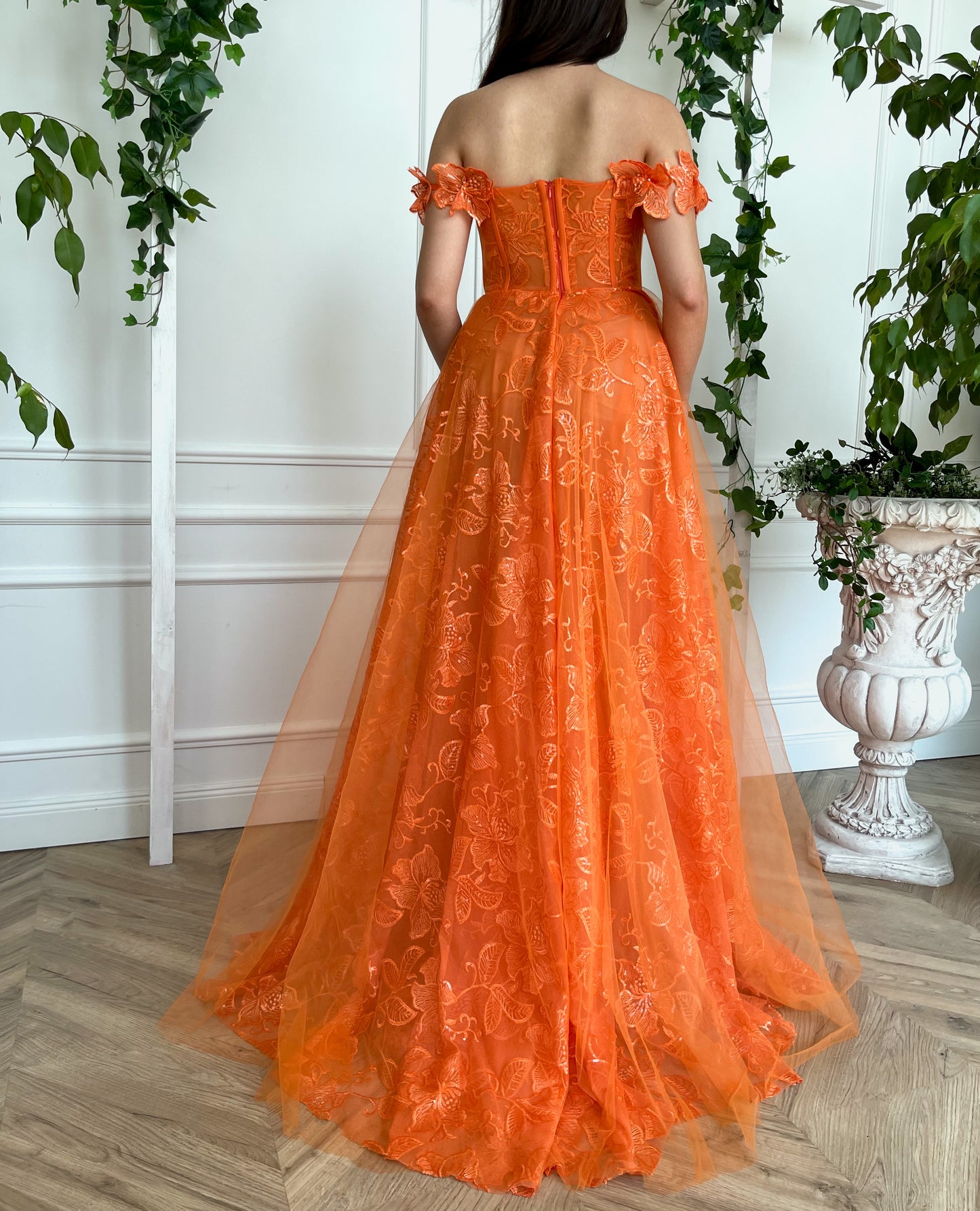 Orange A-Line dress with off the shoulder sleeves and embroidery