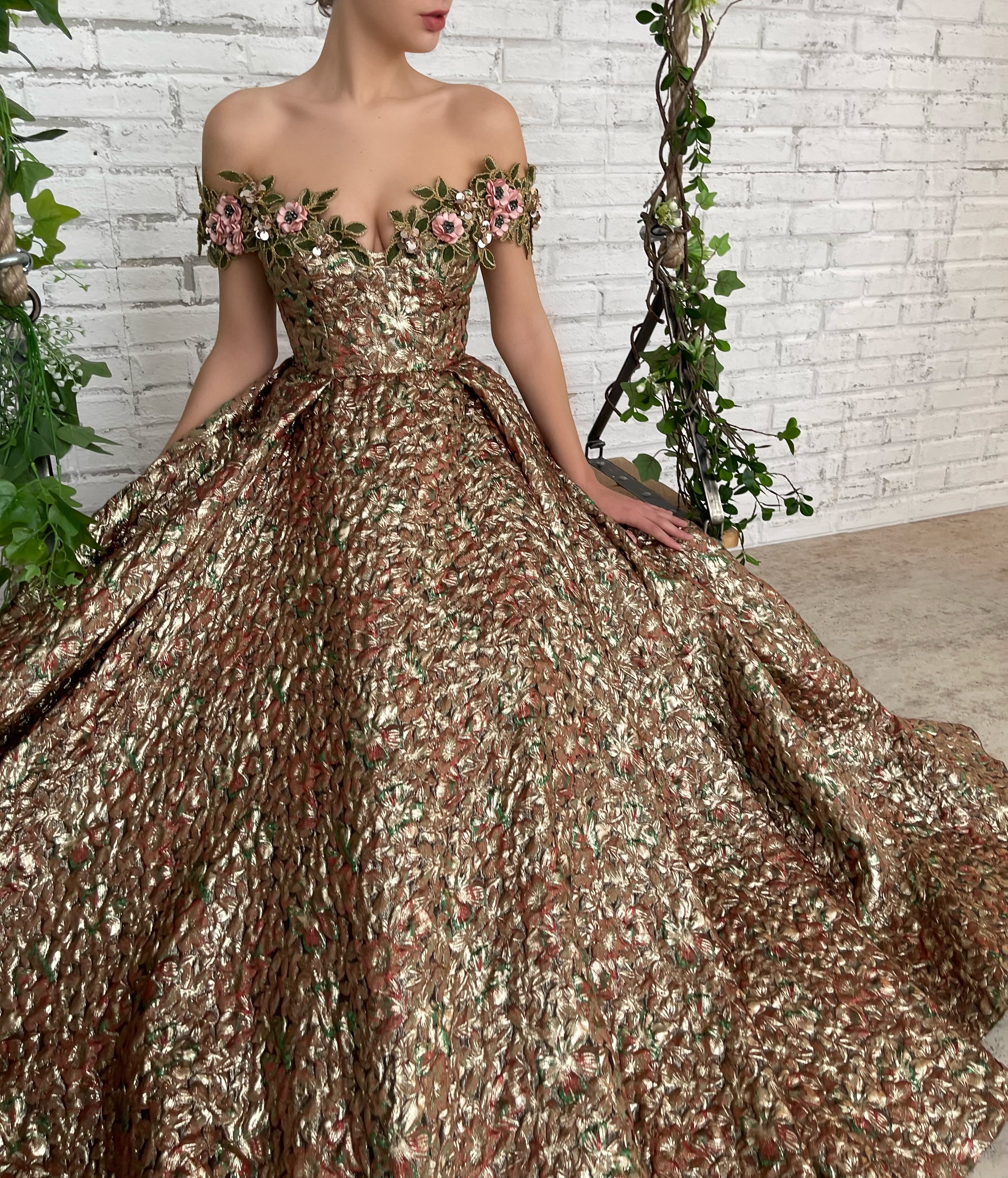 Brown A-Line dress with off the shoulder sleeves and embroidery
