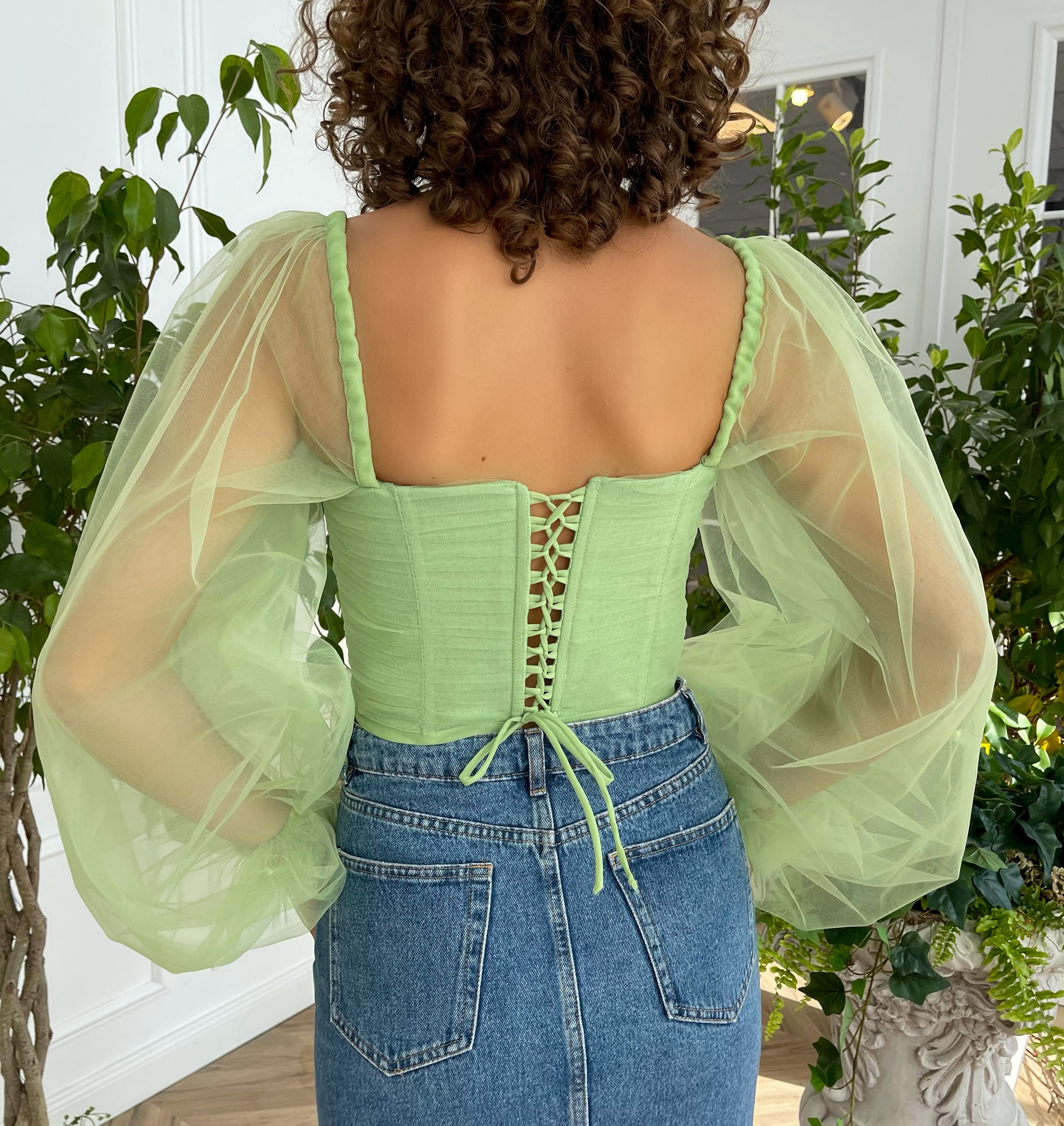 Green corset with long sleeves and embroidered cherries