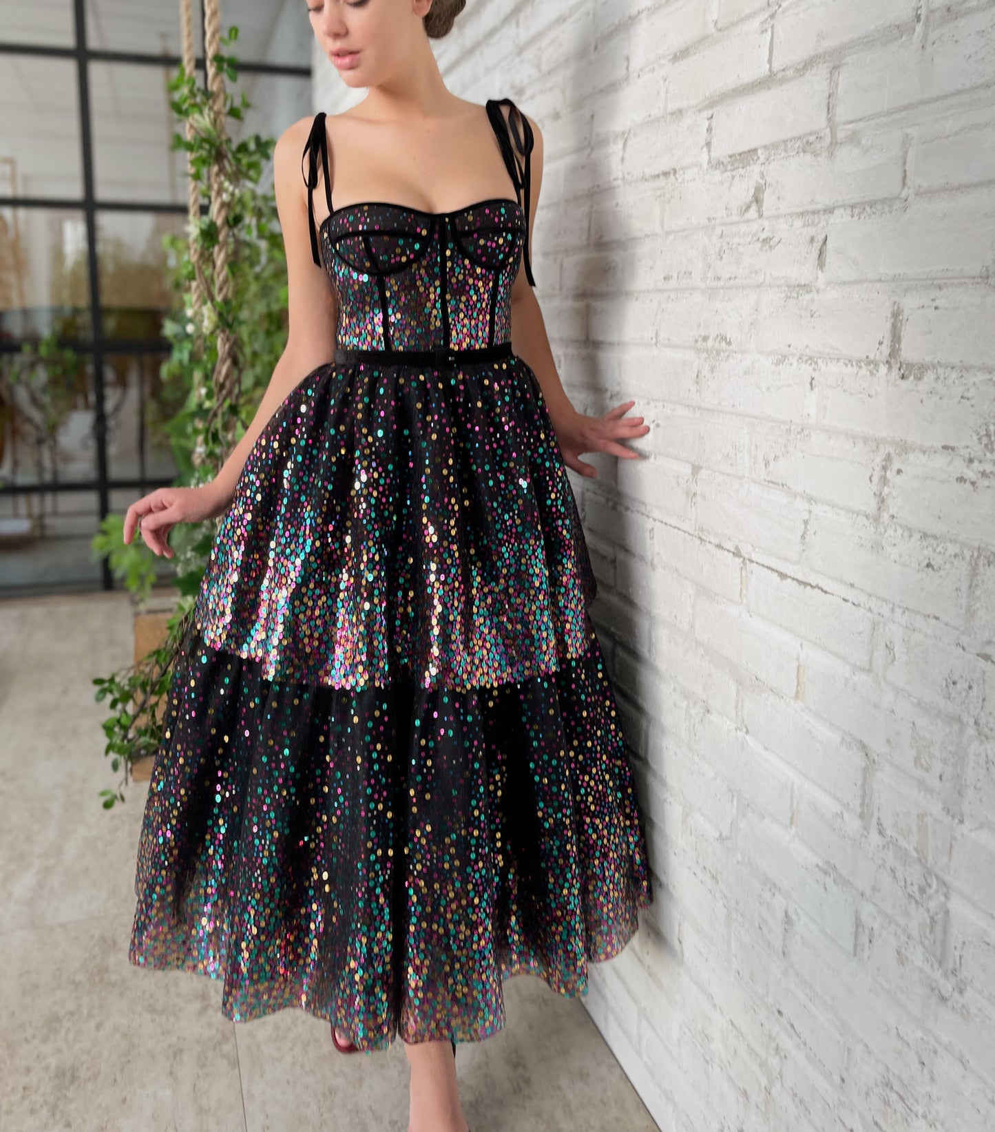 Black midi dress with sequins and spaghetti straps