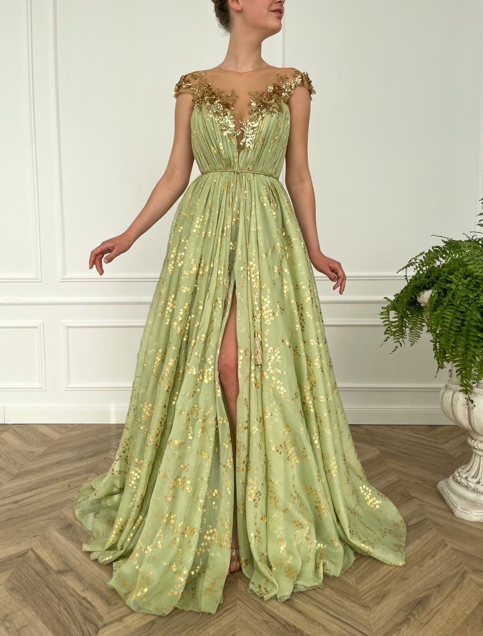 Green A-Line dress with cap sleeves, v-neck and embroidery