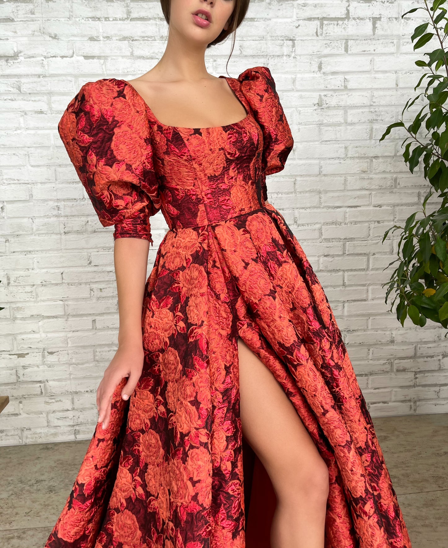 Red A-Line dress with short puff sleeves