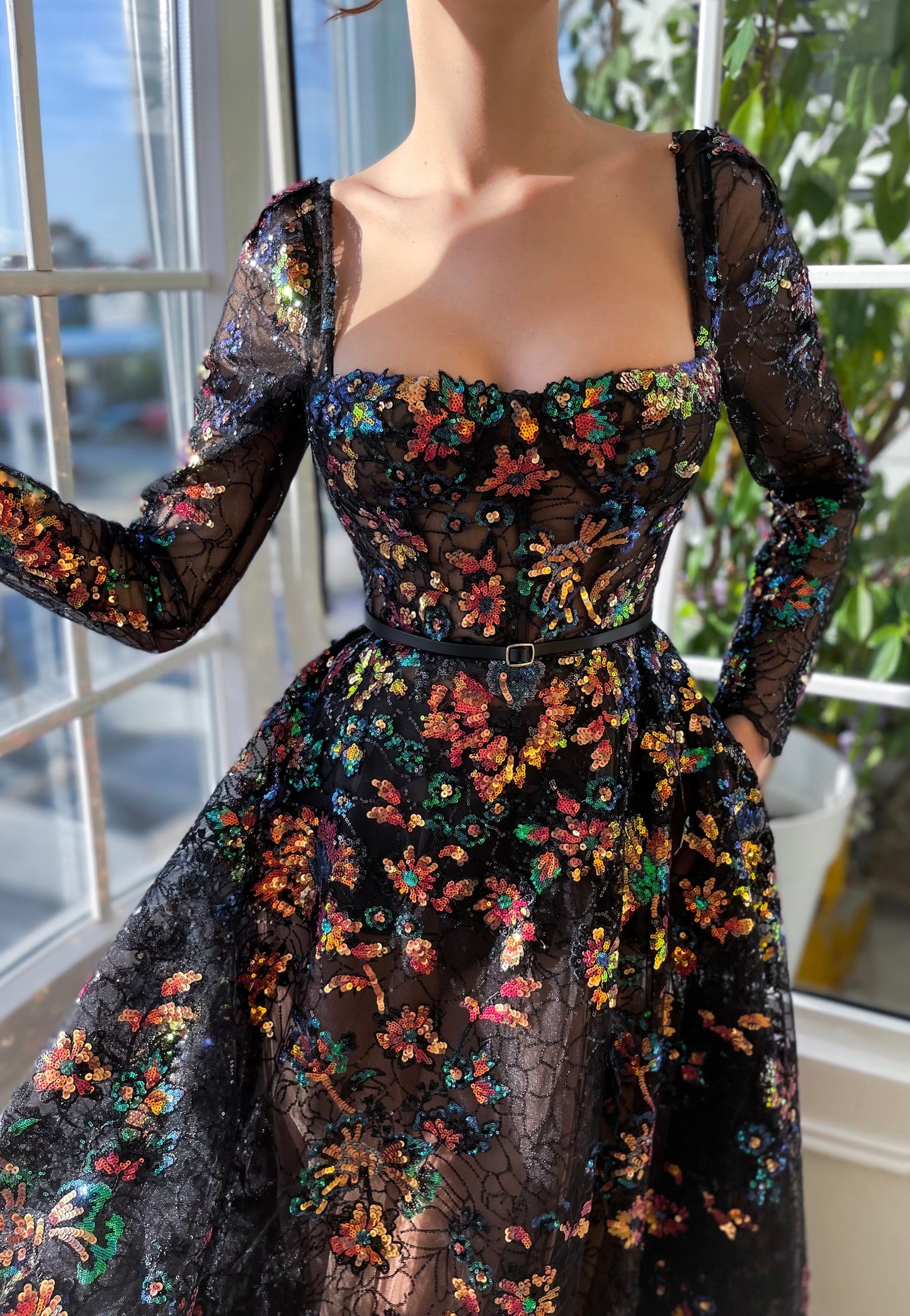 Black A-Line dress with flowers, embroidery, belt and long sleeves
