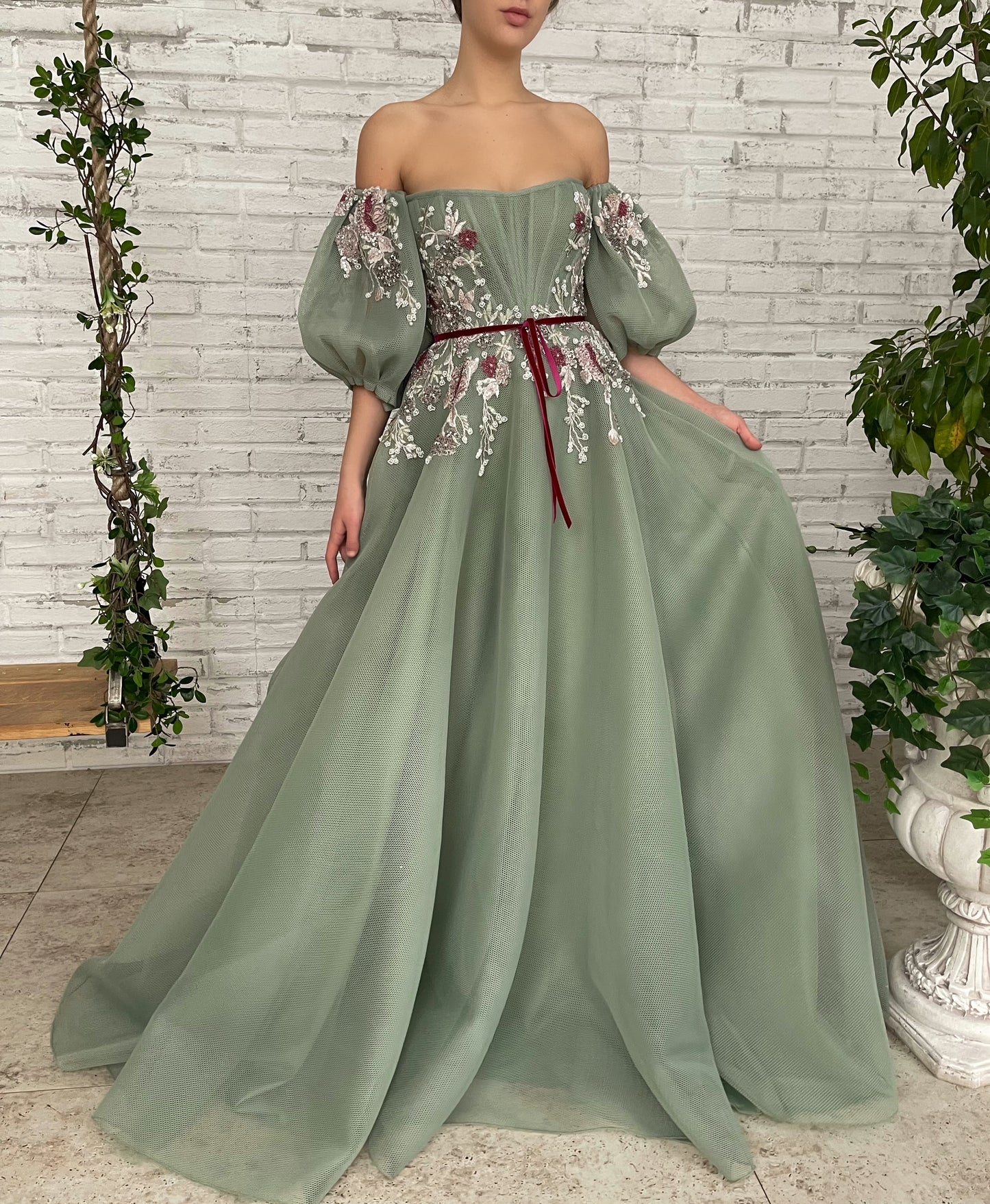Green A-Line dress with off the shoulder sleeves and embroidery