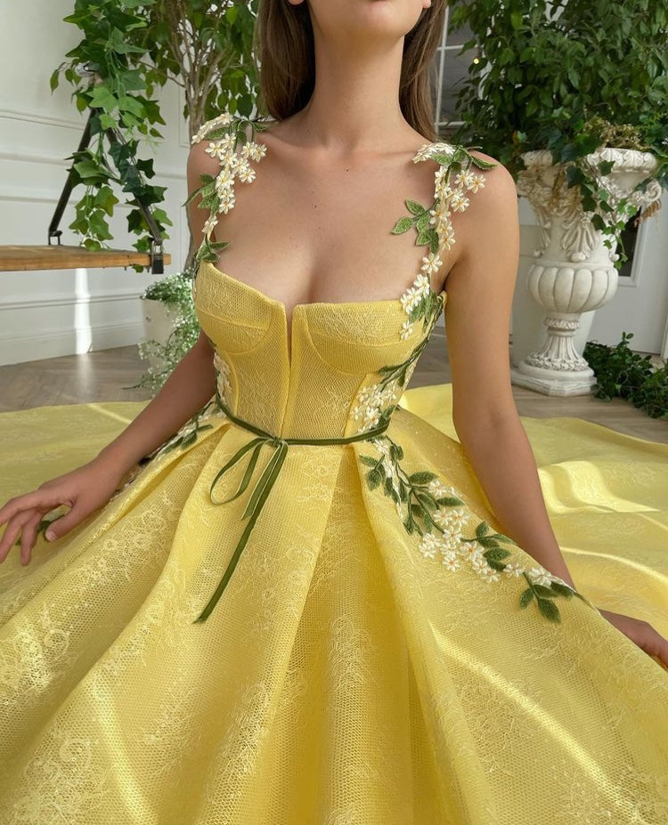 Yellow A-Line dress with embroidery and spaghetti straps