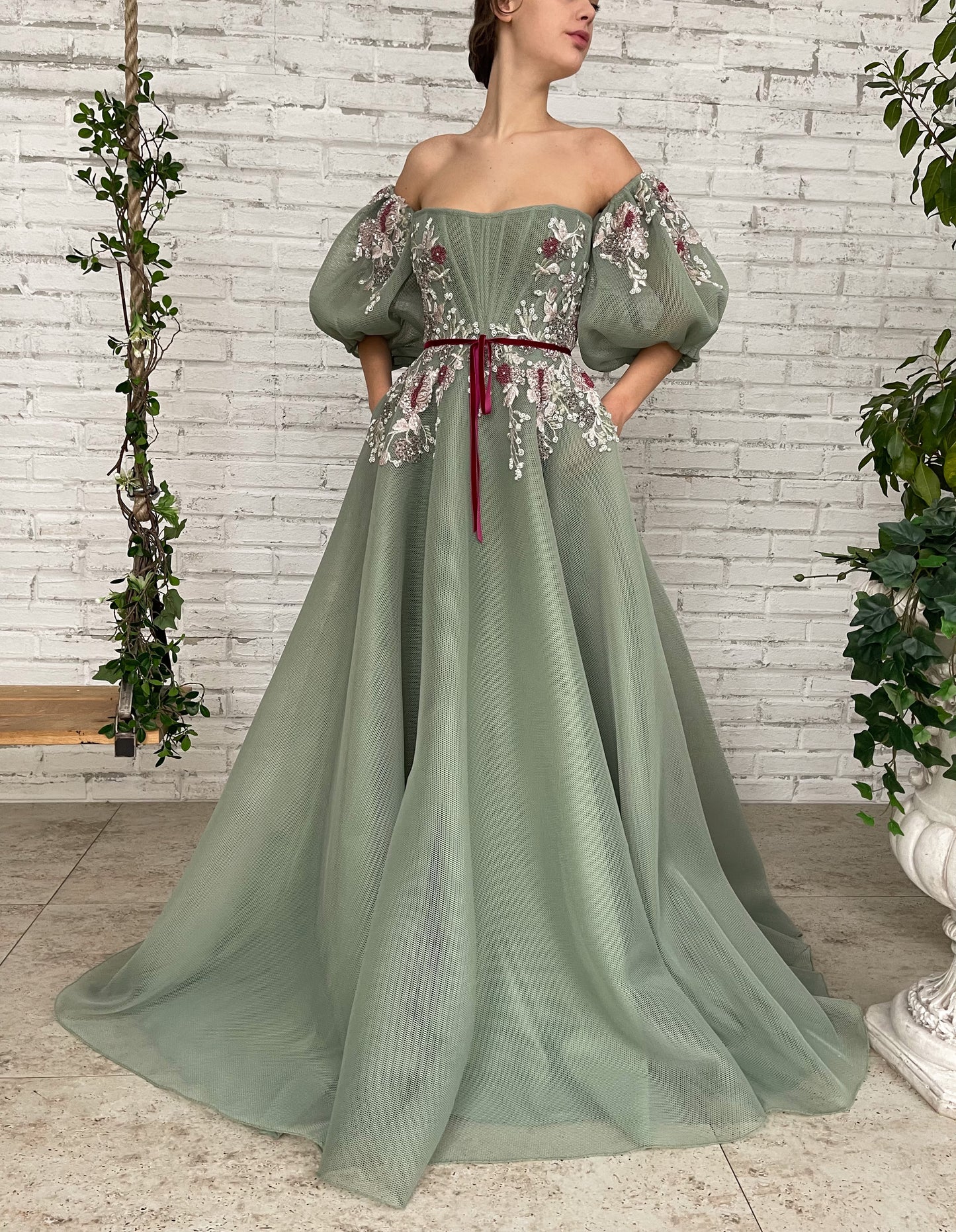 Green A-Line dress with off the shoulder sleeves and embroidery