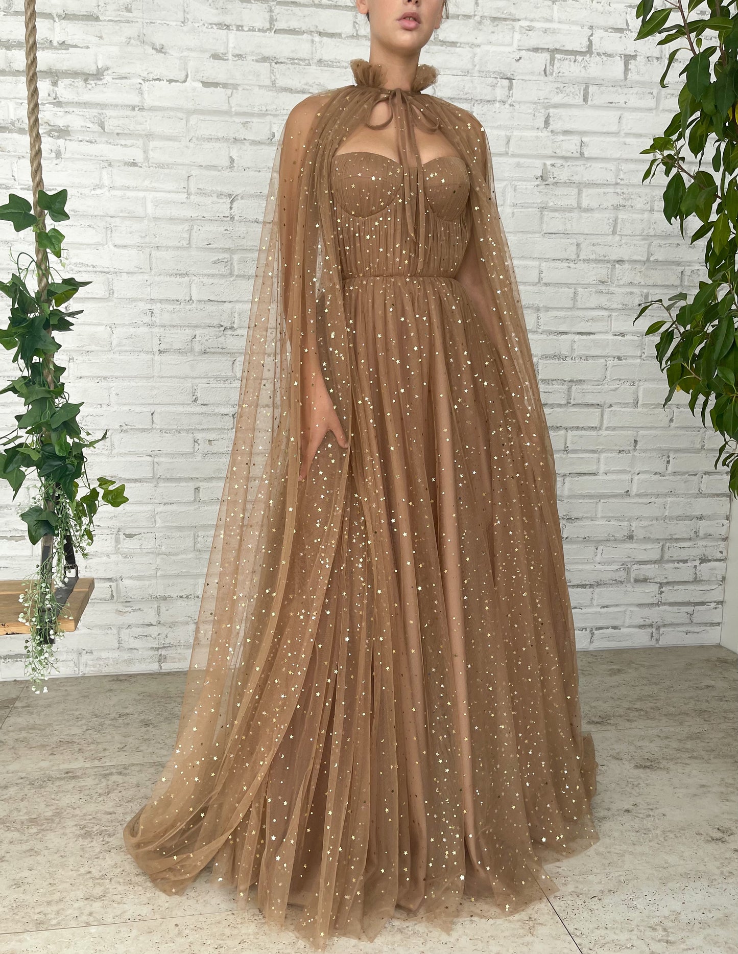 Brown A-Line dress with cape and starry fabric