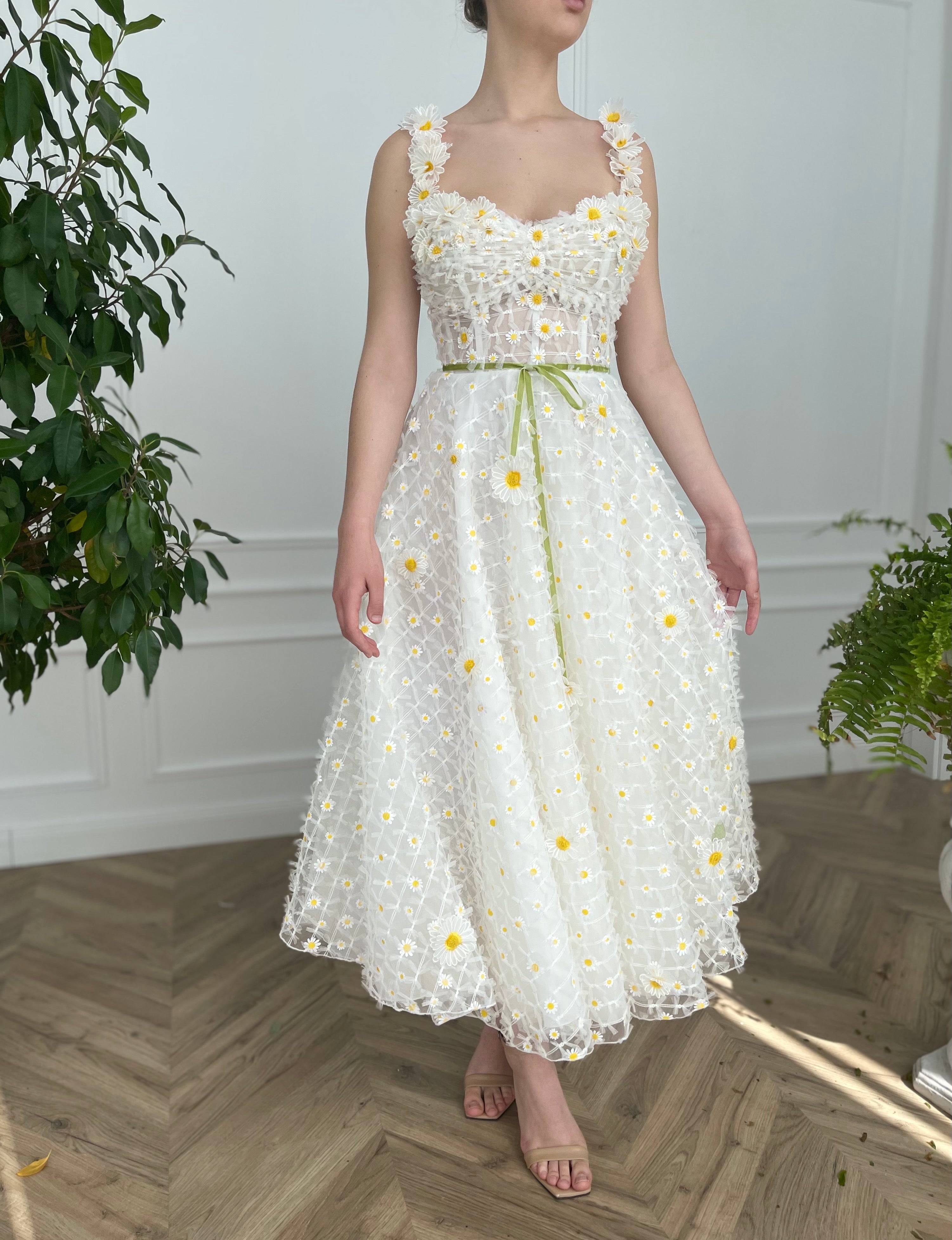 Midi white bridal dress with daisies, straps and embroidered flowers