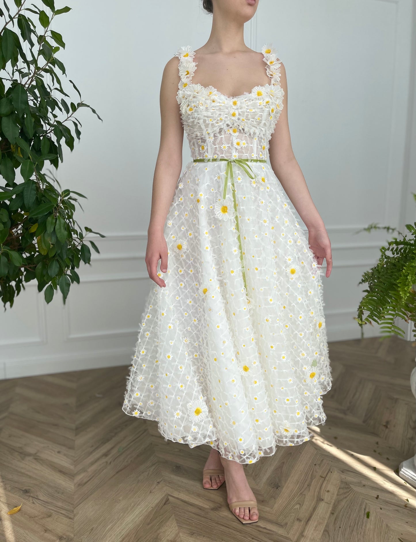 Midi white bridal dress with daisies, straps and embroidered flowers