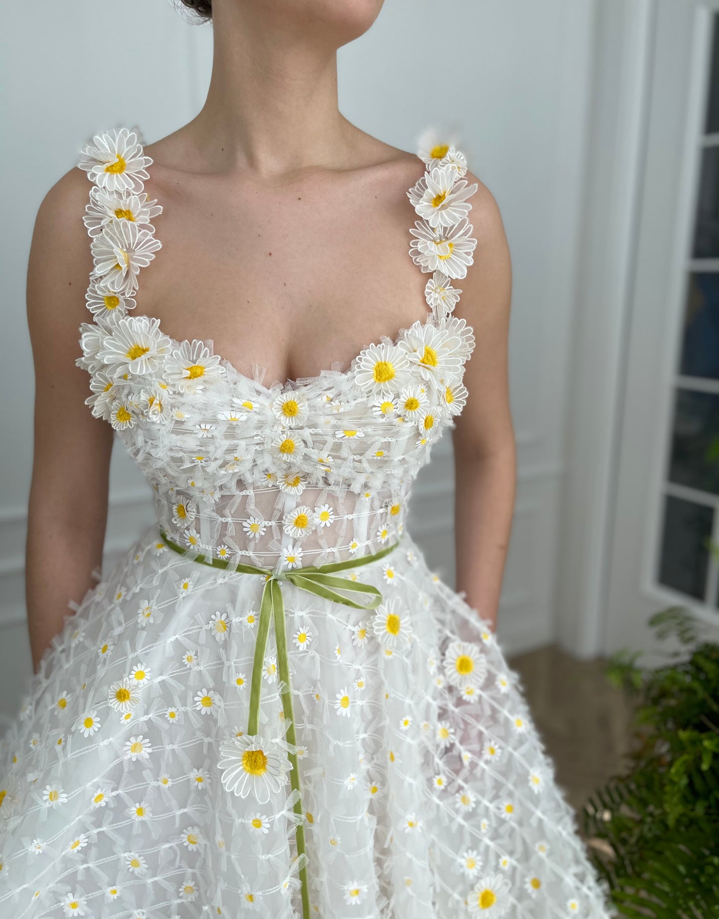 Midi white bridal dress with daisies, straps and embroidered flowers