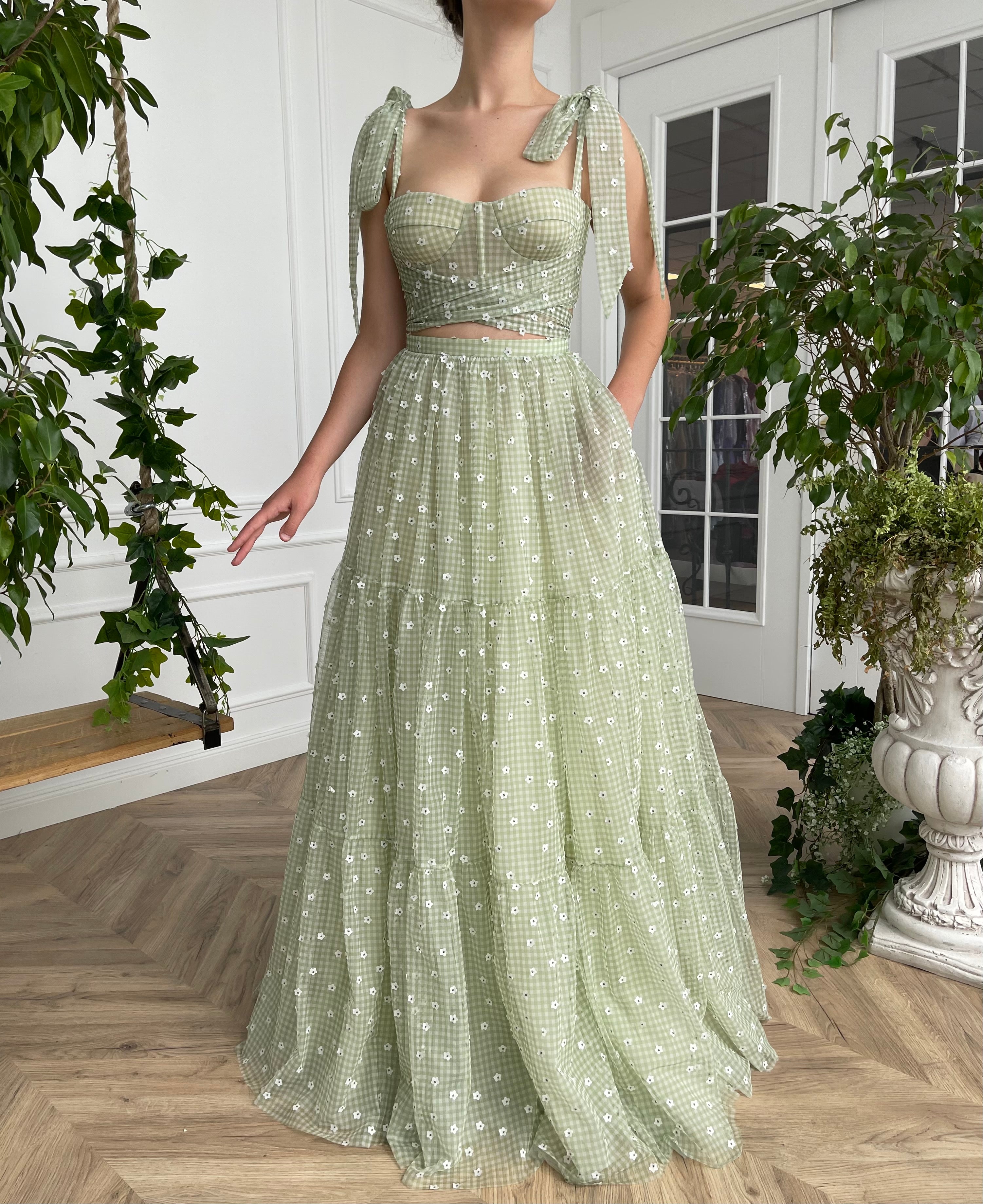 two piece dress green A Line V Neck Two Pieces Backless Green Satin Long Prom Dresses with Leg Slit, Two Pieces Green Formal Dresses, Green Evening Dresses