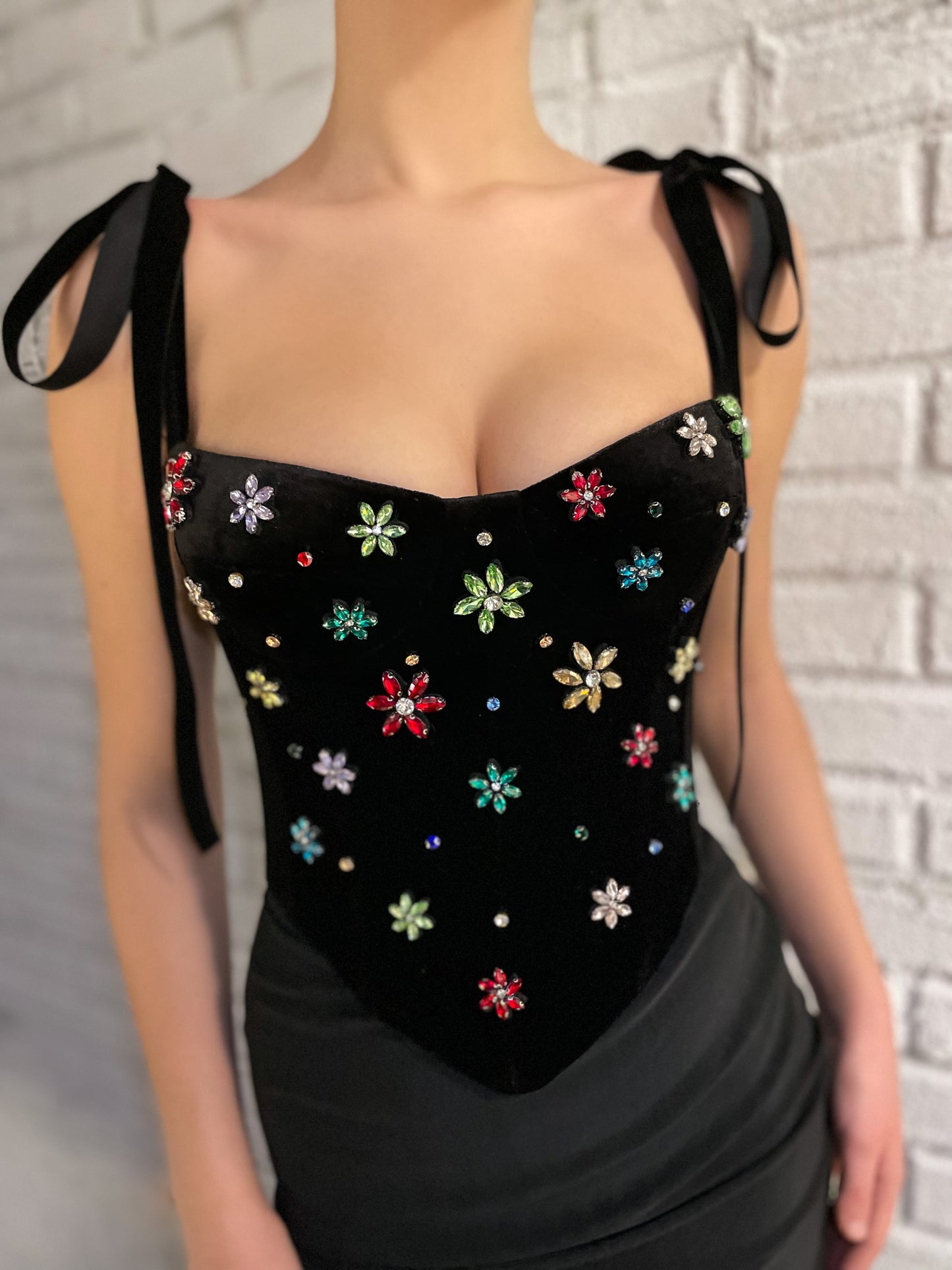 Black corset with bow straps and embroidery