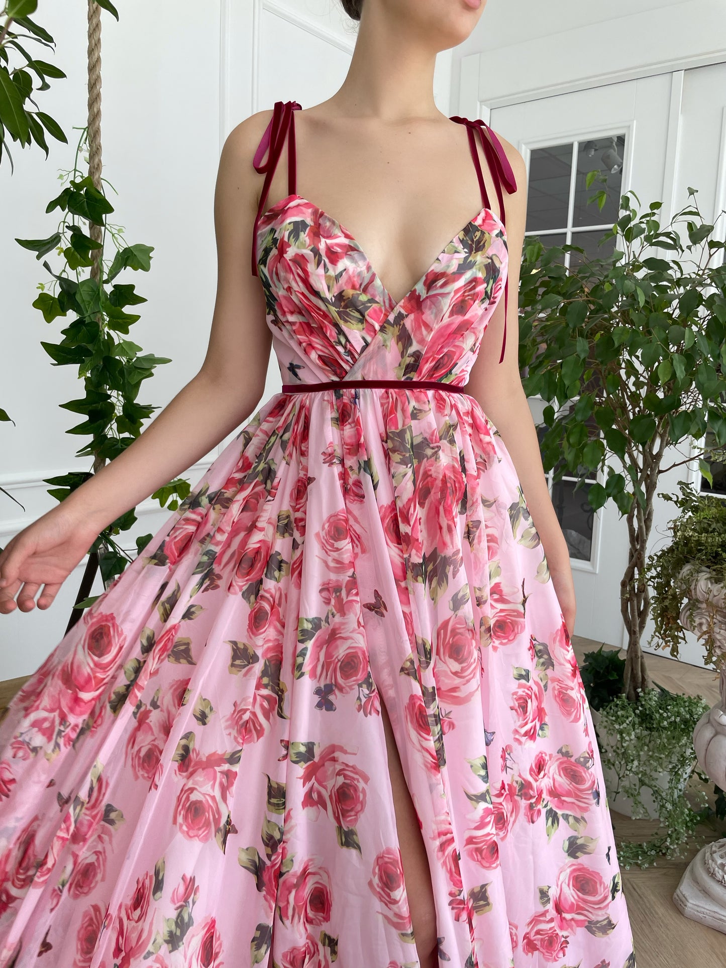 Pink A-Line dress with spaghetti straps and v-neck