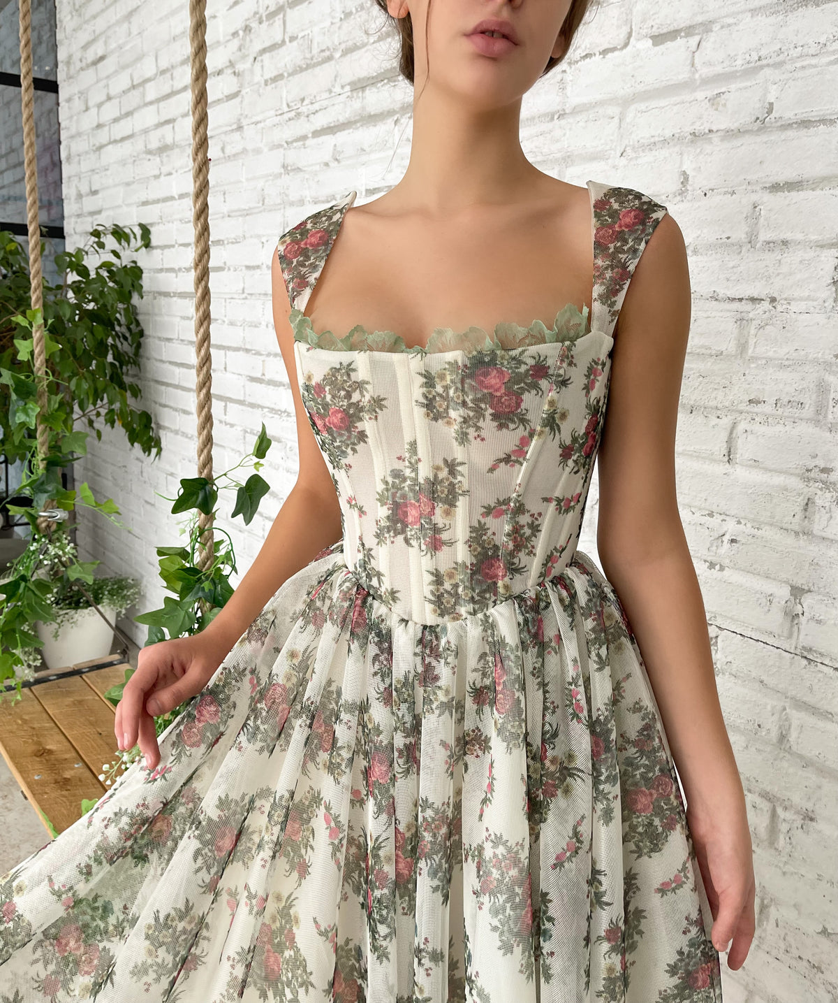White midi dress with printed flowers and straps