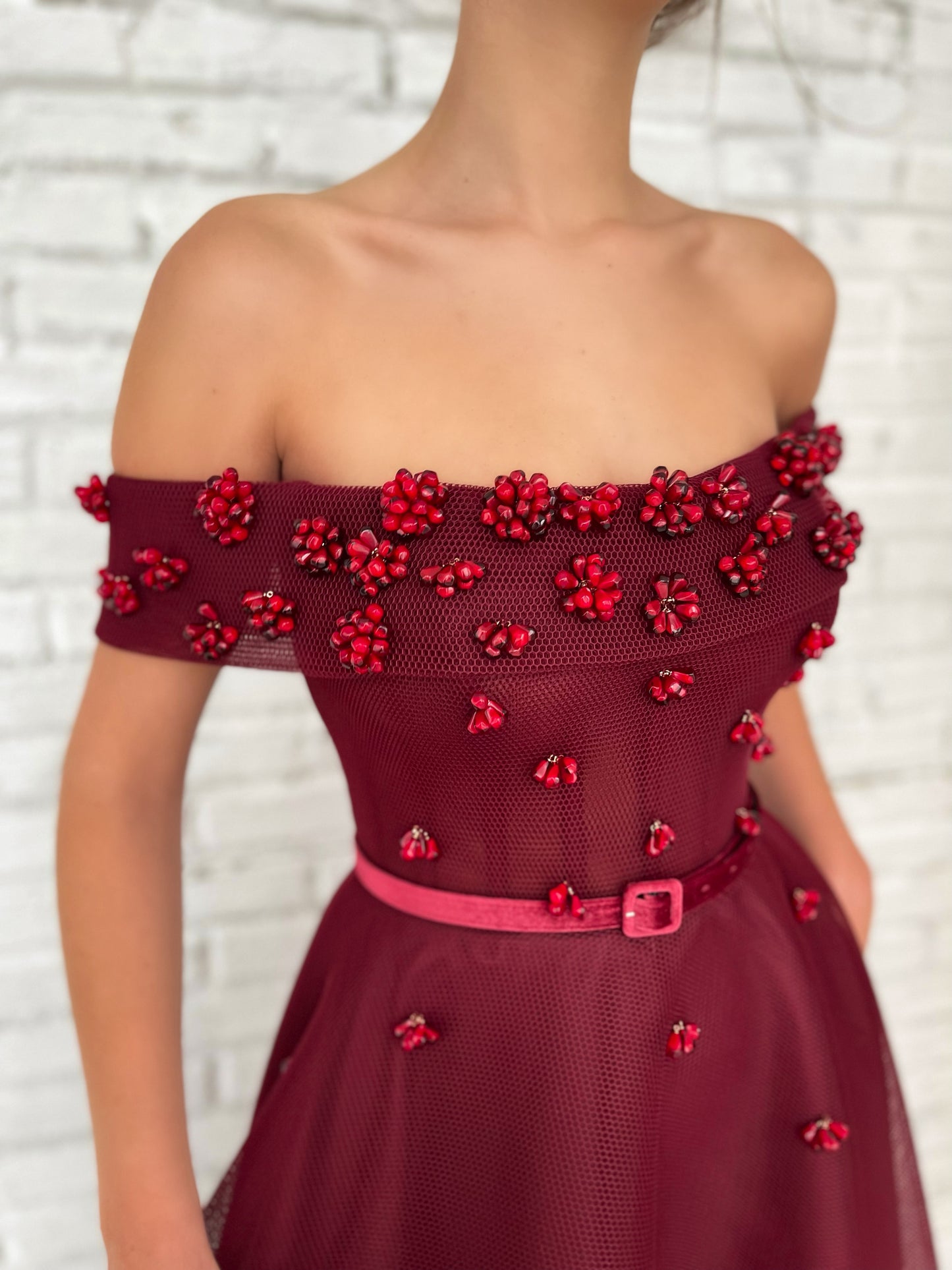 Red midi dress with belt, embroidery and off the shoulder sleeves