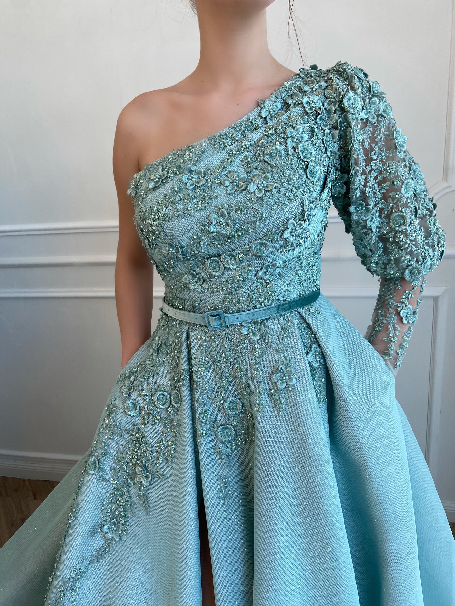 Blue A-Line dress with one shoulder sleeve, belt and embroidery 