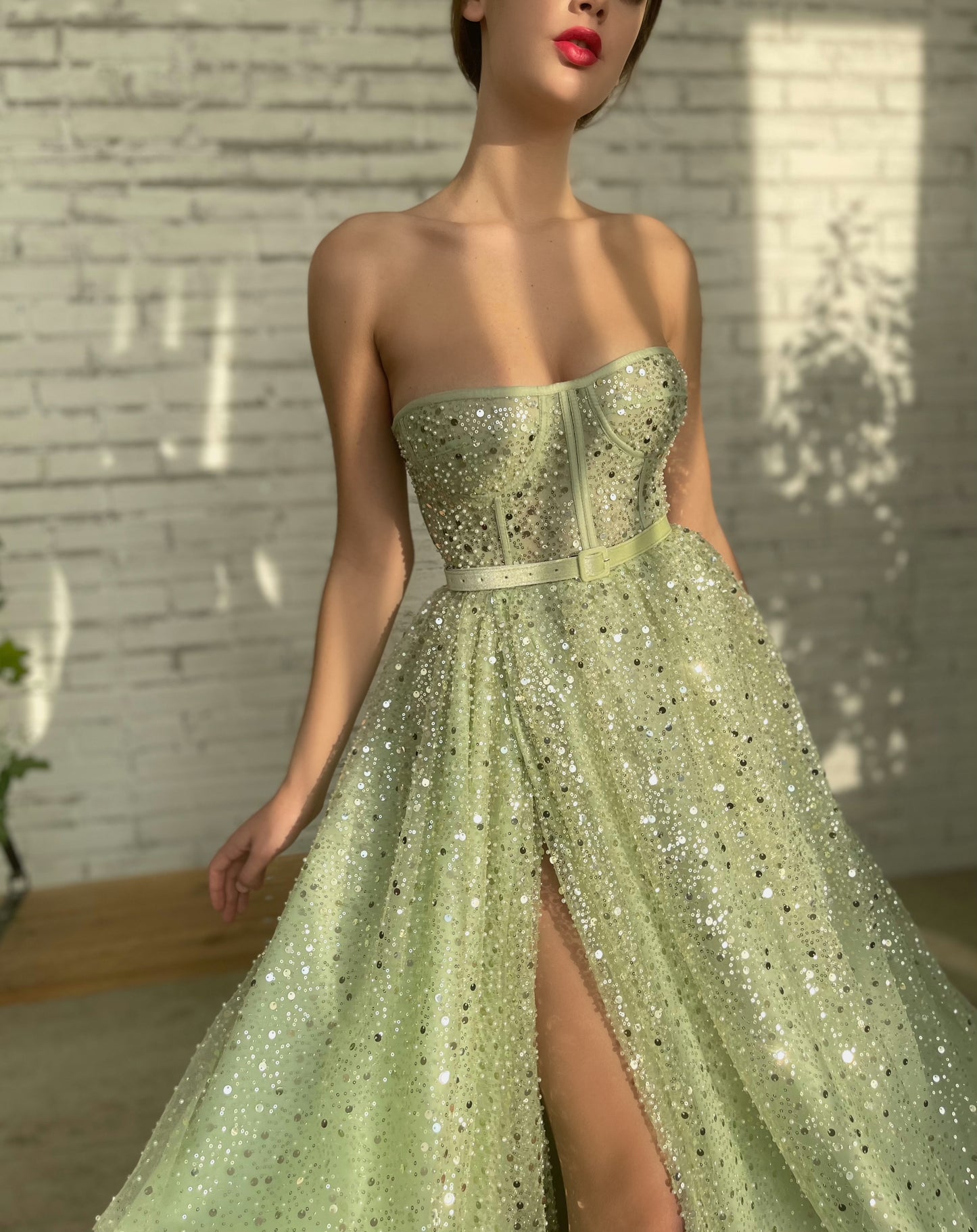 Green A-Line dress with belt and no sleeves