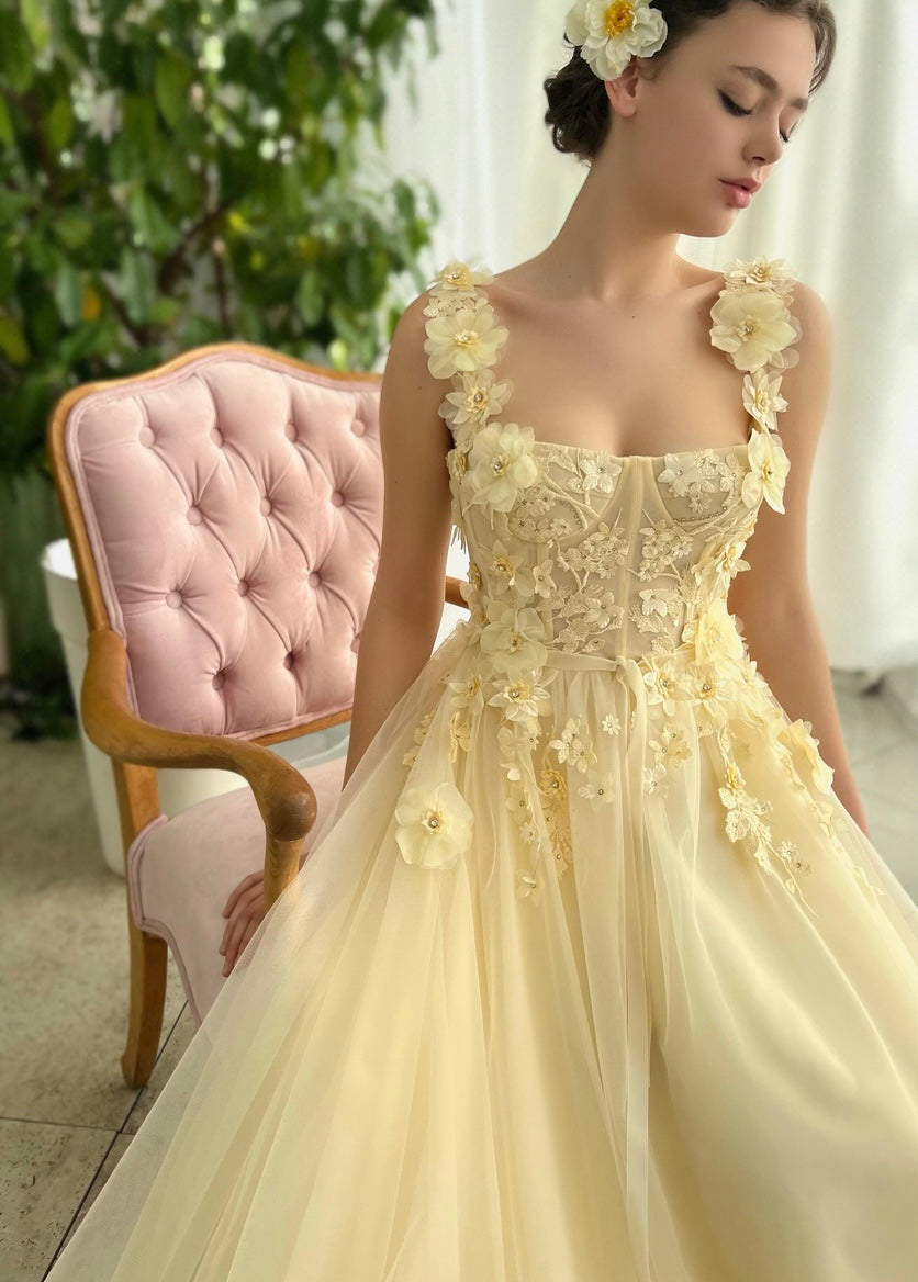 Yellow A-Line dress with straps, embroidery and flowers