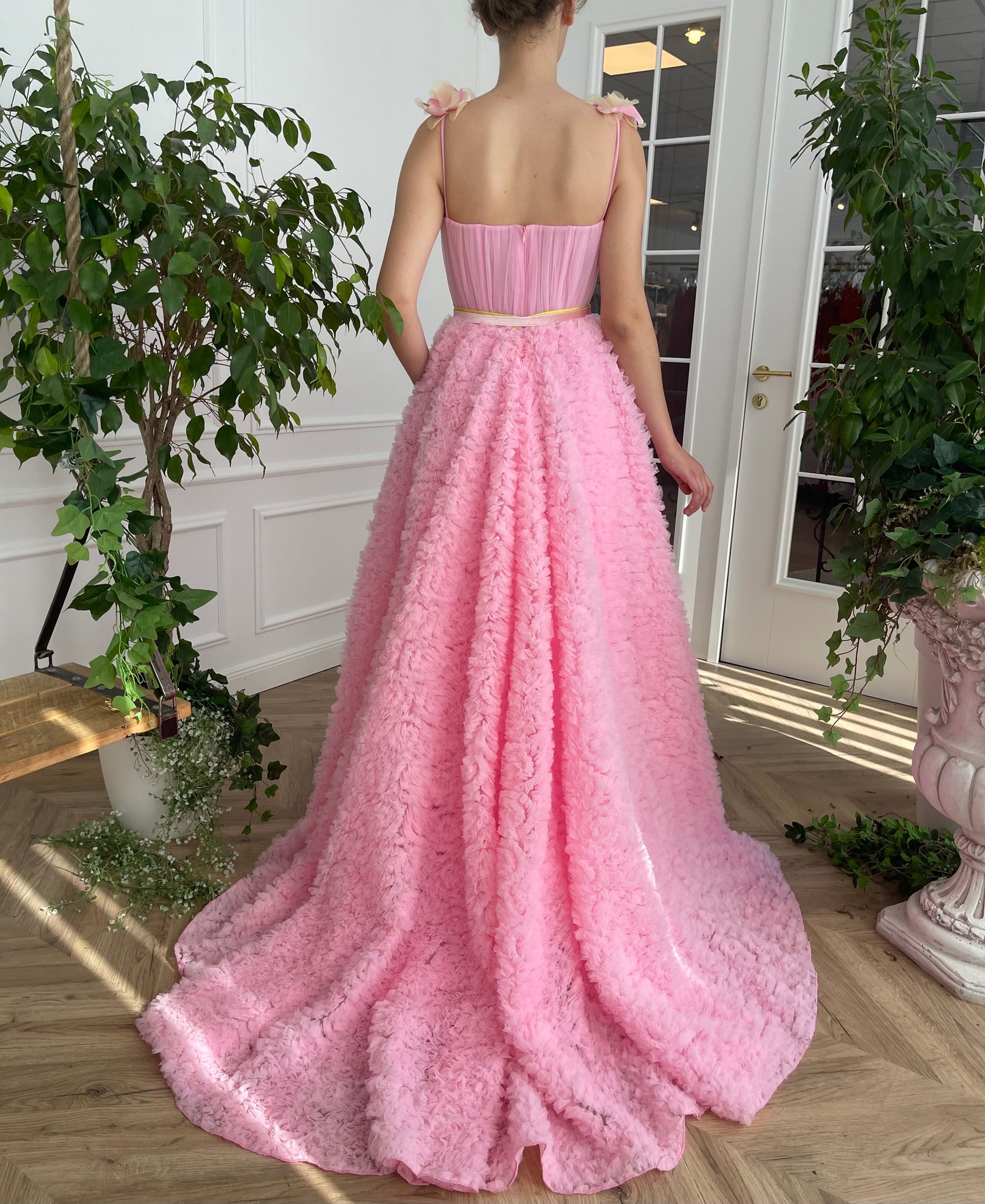Pink A-Line dress with belt, embroidery and straps